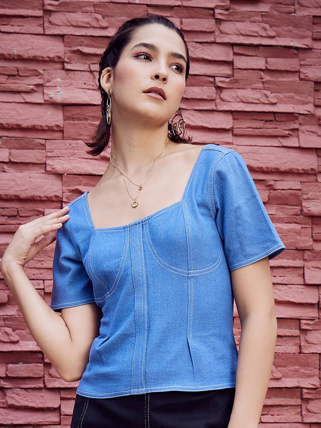 

Athena Square Neck Denim Top, Blue