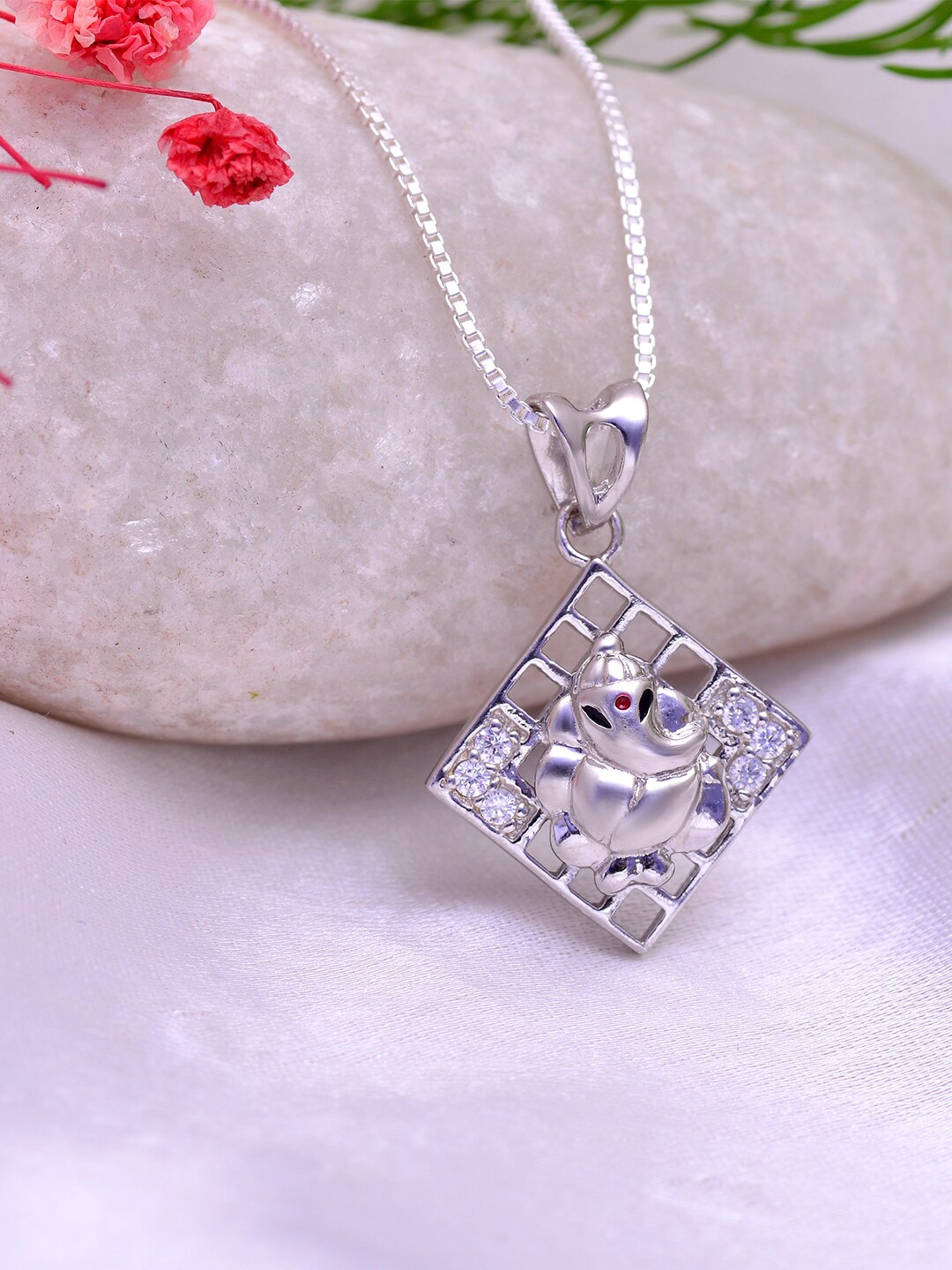 

Abhooshan Unisex 92.5 Sterling Silver CZ-Studded Ganesha Pendant With Chain