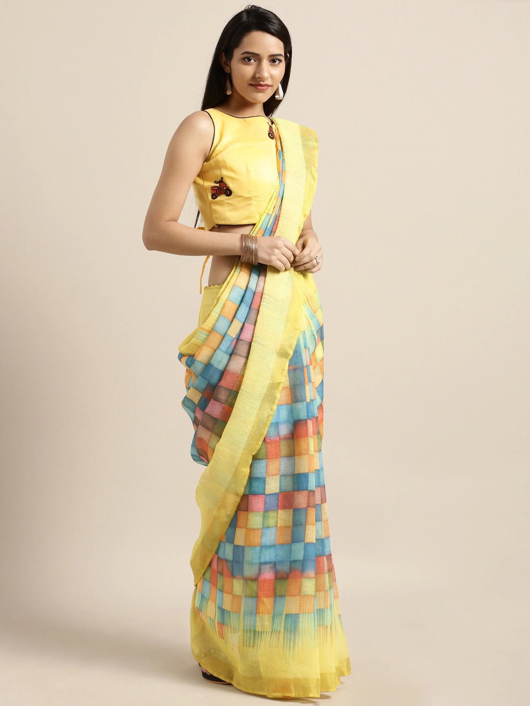 

HRITIKA Striped Zari Pure Linen Saree, Yellow