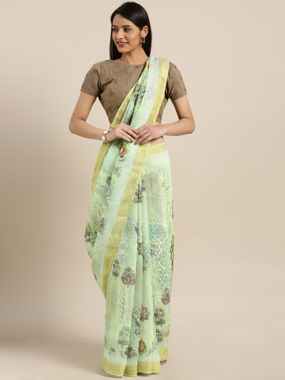 

HRITIKA Floral Printed Zari Pure Linen Saree, Green