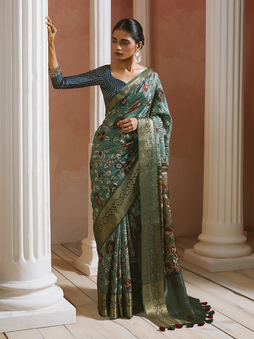 

Soch Turquoise Blue & Gold-Toned Floral Printed Zari Kalamkari Saree