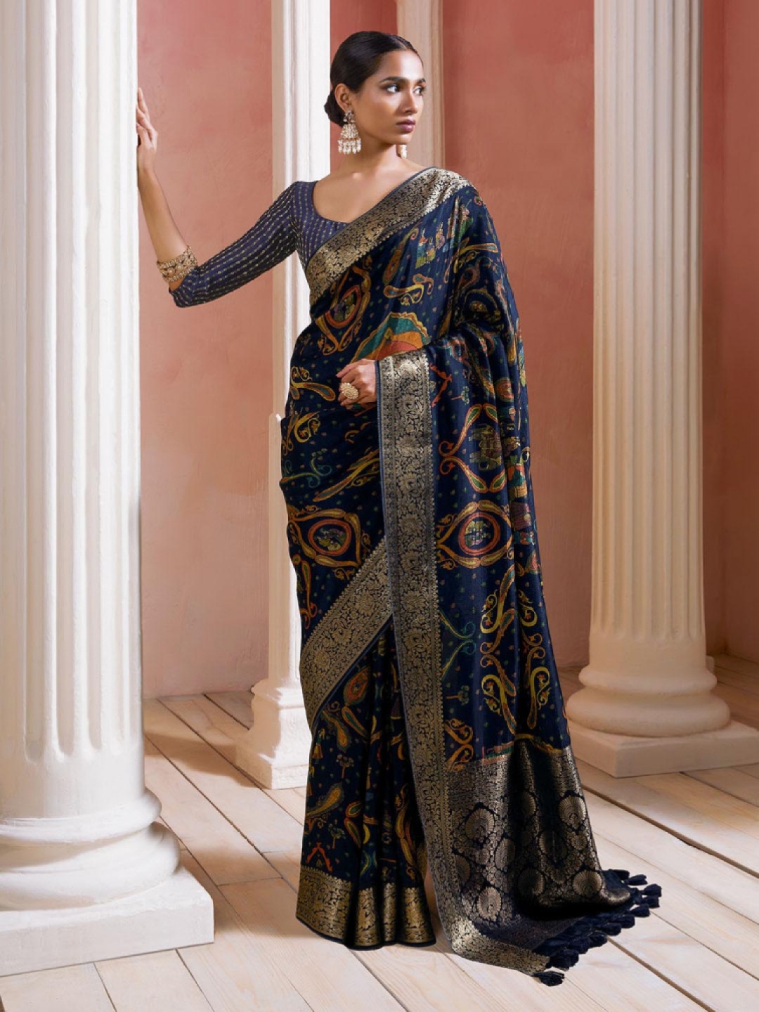 

Soch Navy Blue & Gold-Toned Paisley Printed Zari Saree