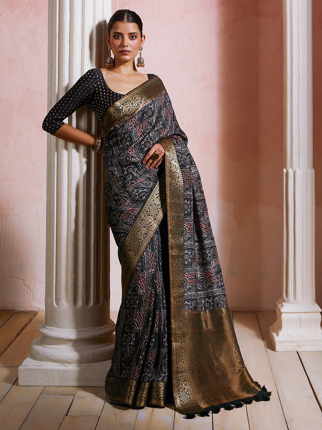 

Soch Black & Gold-Toned Ethnic Motifs Print Zari Saree