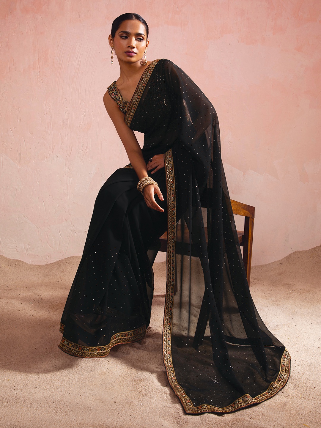 

Soch Embellished Beads and Stones Saree, Black