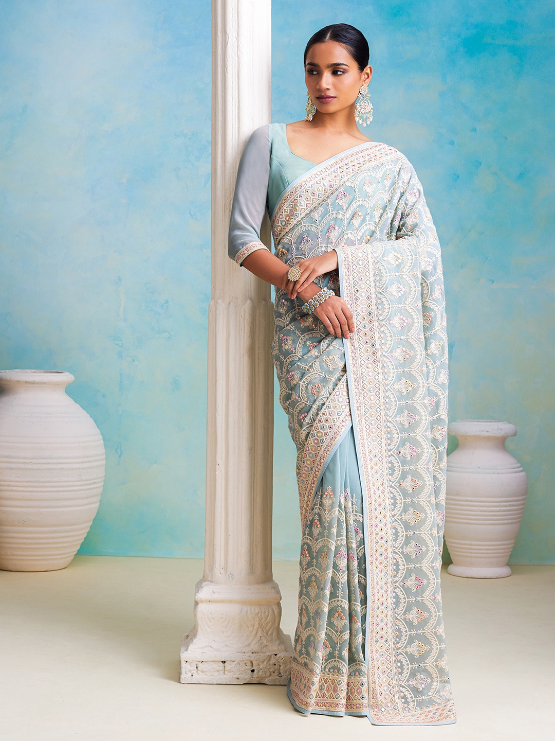 

Soch Ethnic Motifs Embroidered Saree, Blue