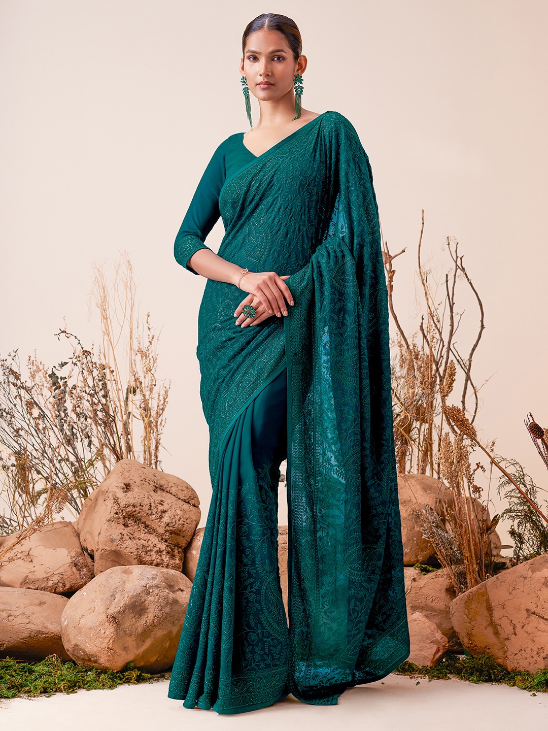 

Soch Ethnic Motifs Embroidered Saree, Teal