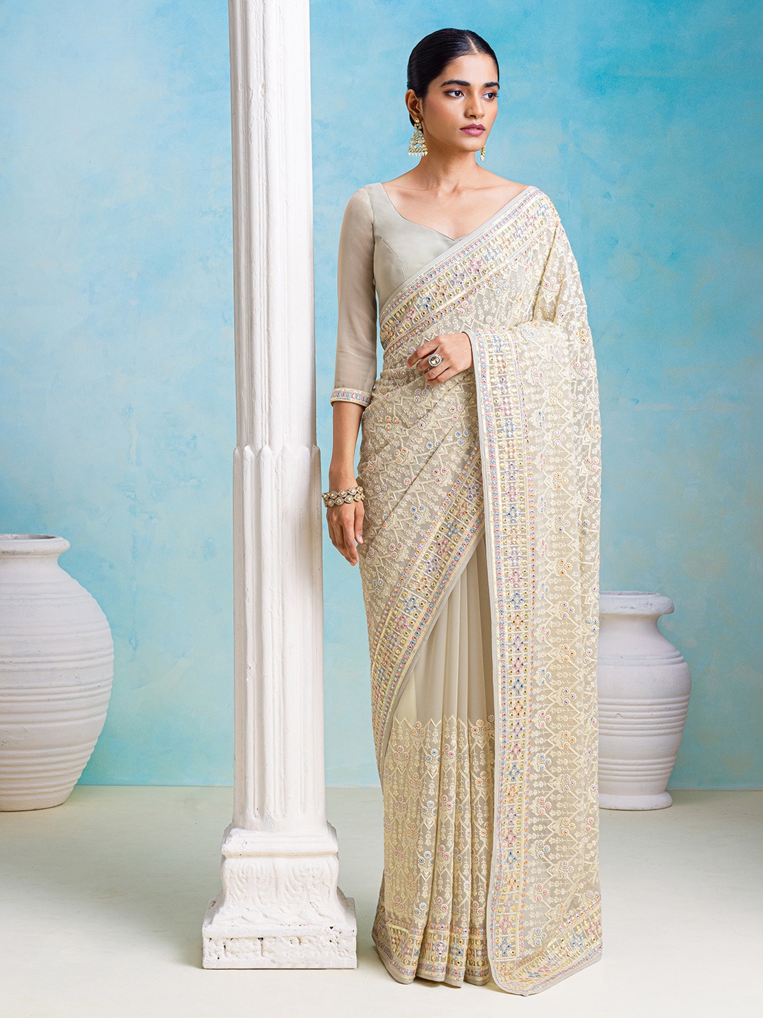 

Soch Ethnic Motifs Embroidered Saree, Green