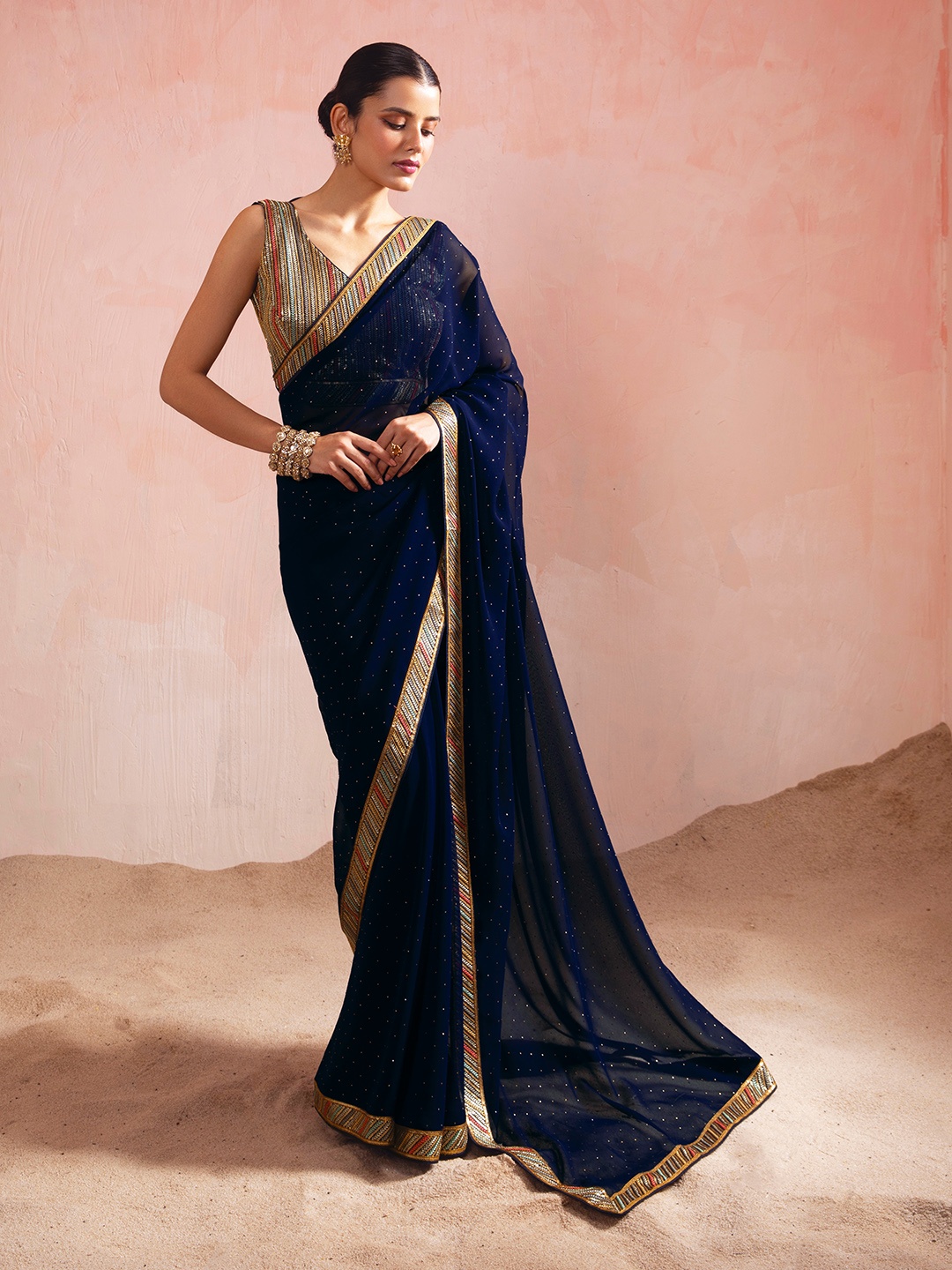 

Soch Embellished Beads and Stones Saree, Navy blue