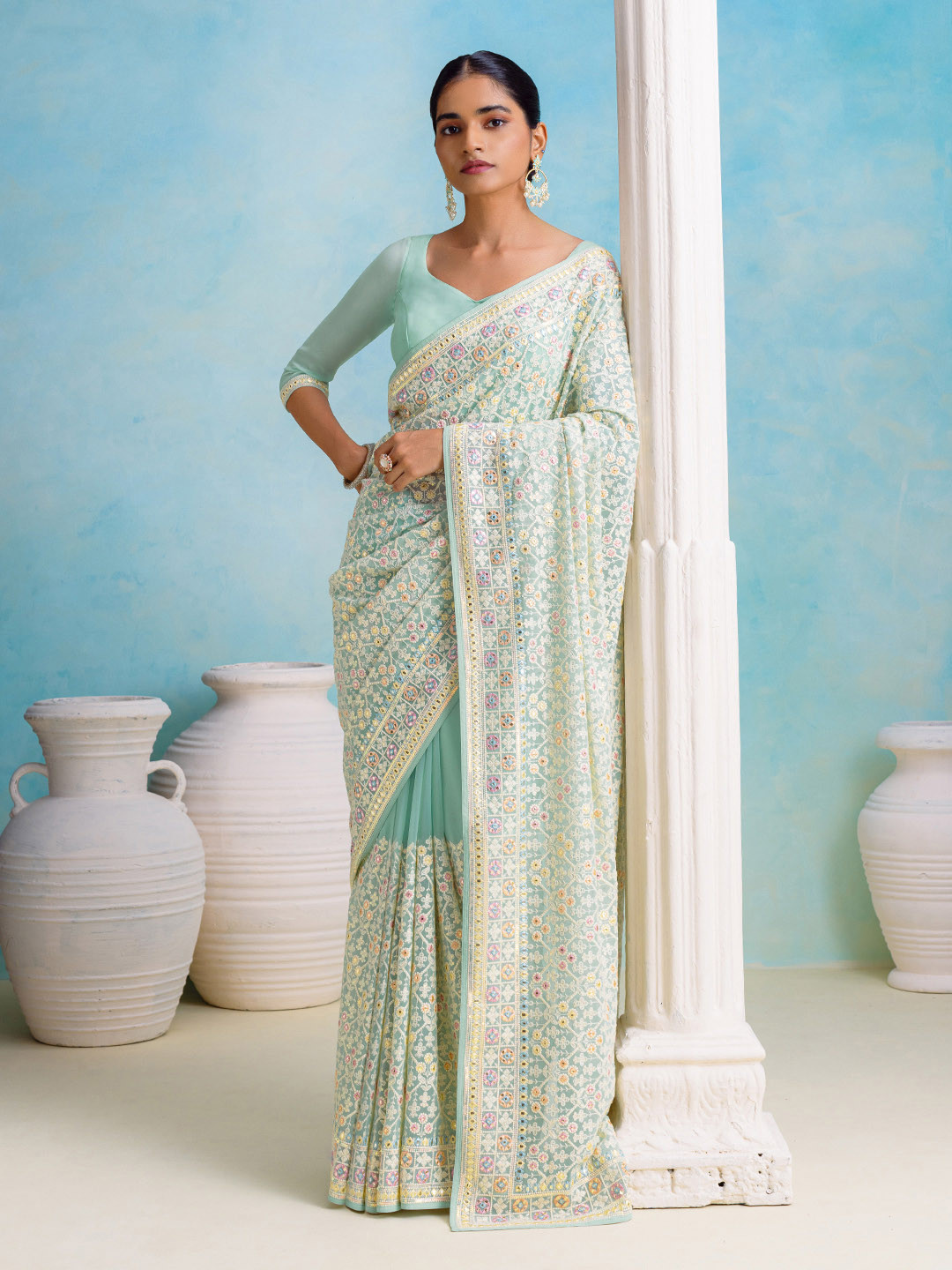 

Soch Floral Embroidered Saree, Turquoise blue