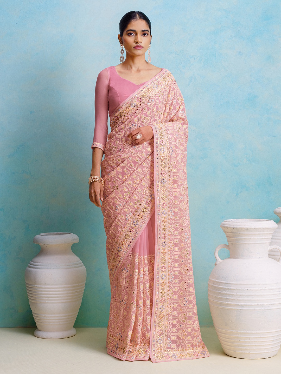 

Soch Ethnic Motifs Embroidered Saree, Pink