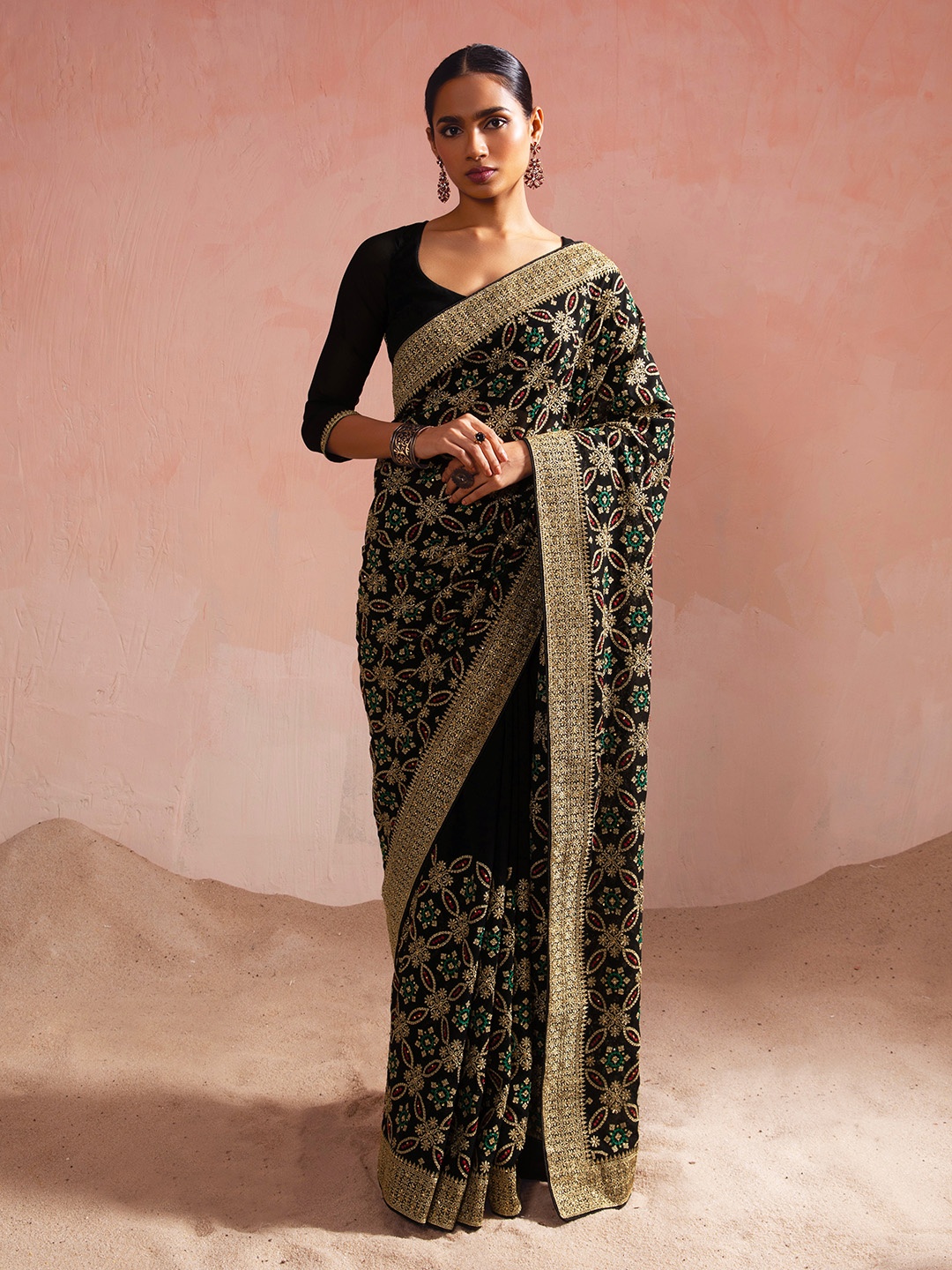 

Soch Black & Green Ethnic Motifs Beads and Stones Poly Georgette Saree