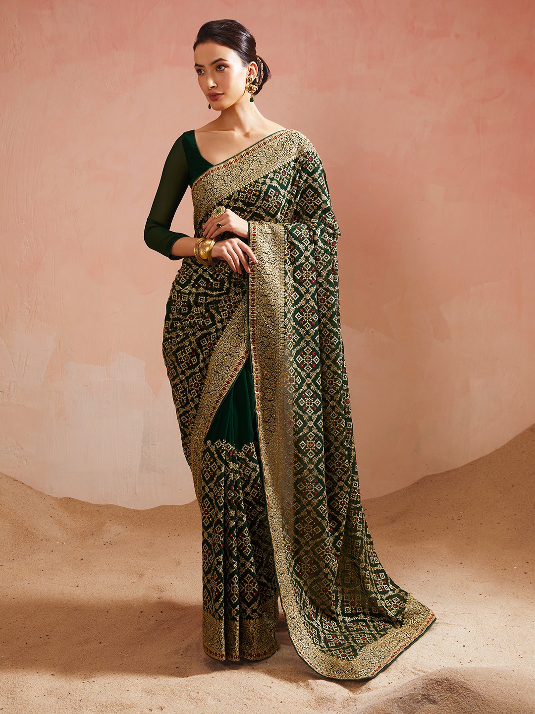 

Soch Green & Gold-Toned Ethnic Motifs Beads and Stones Poly Georgette Saree