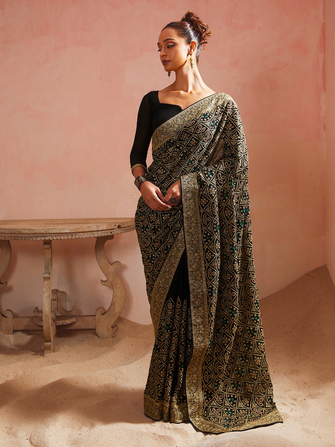

Soch Black & Red Floral Beads and Stones Poly Georgette Saree