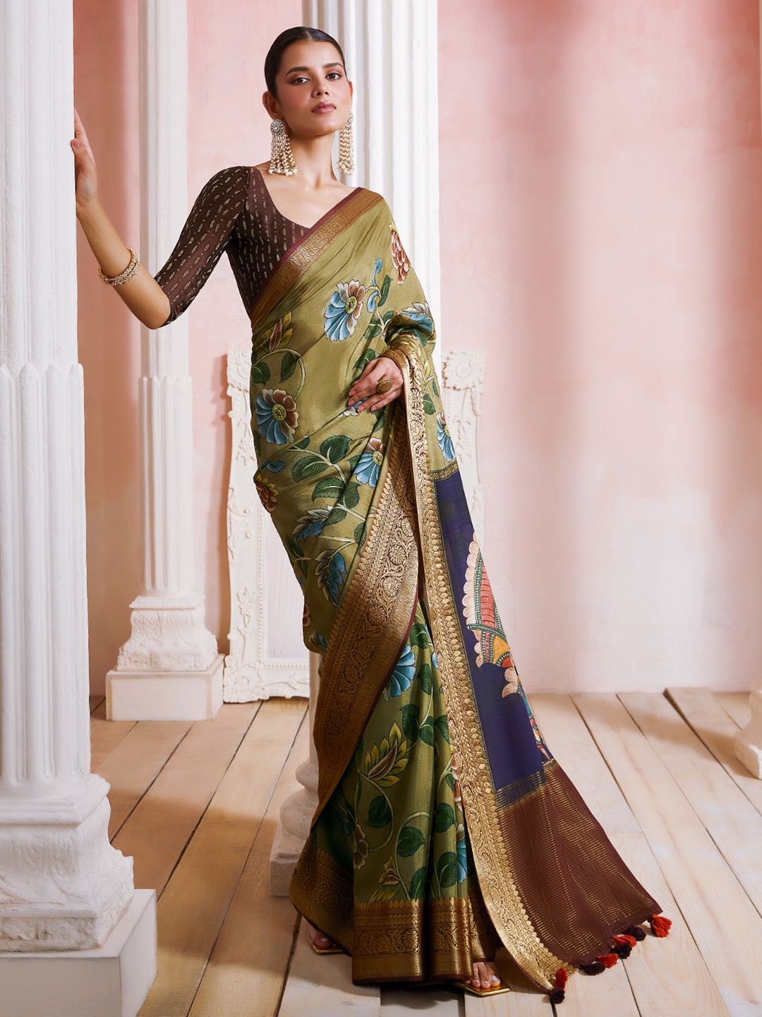 

Soch Olive Green & Brown Kalamkari Zari Poly Crepe Saree