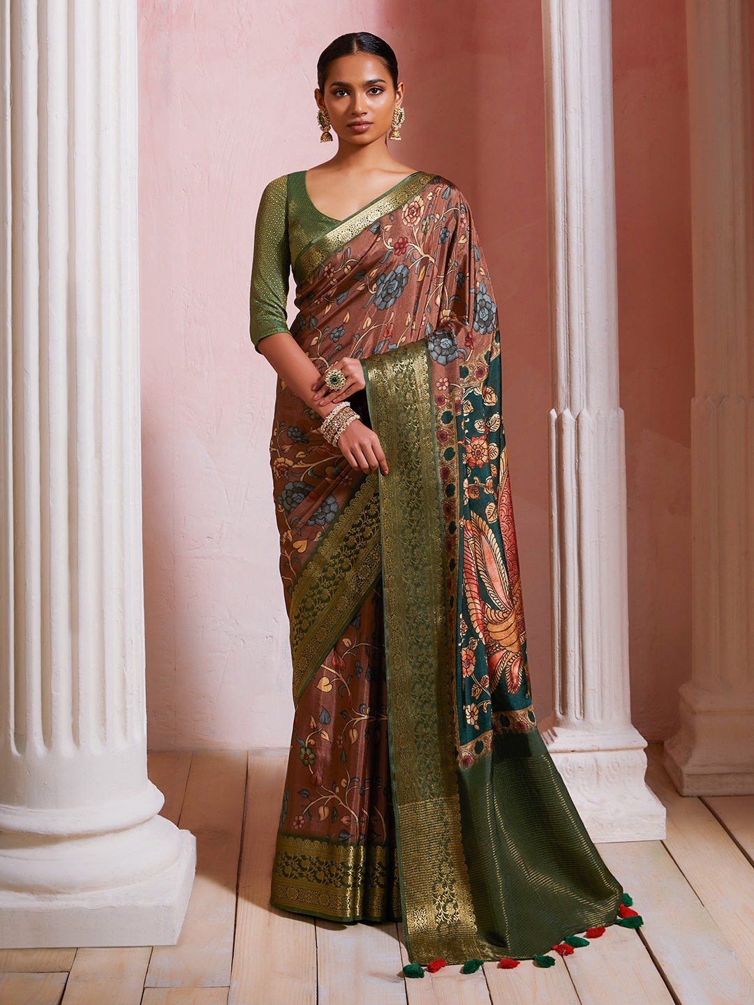 

Soch Brown & Green Kalamkari Zari Poly Crepe Saree