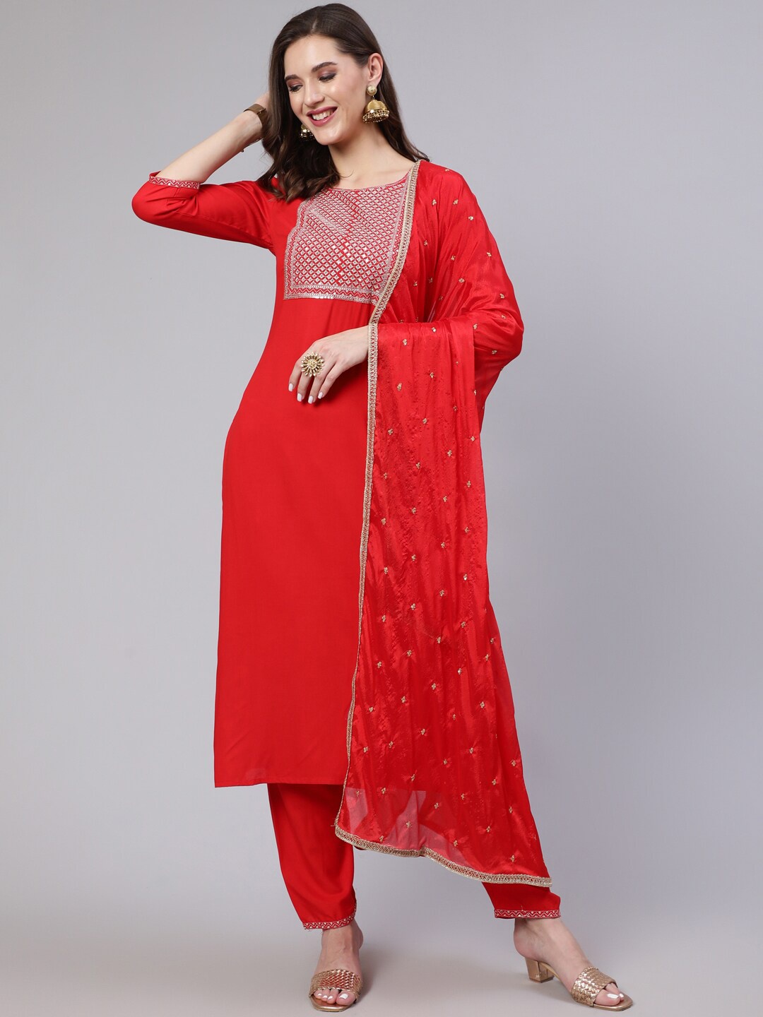 

Nayo Red Round Neck Ethnic Motifs Yoke Design Kurta & Trouser With Dupatta
