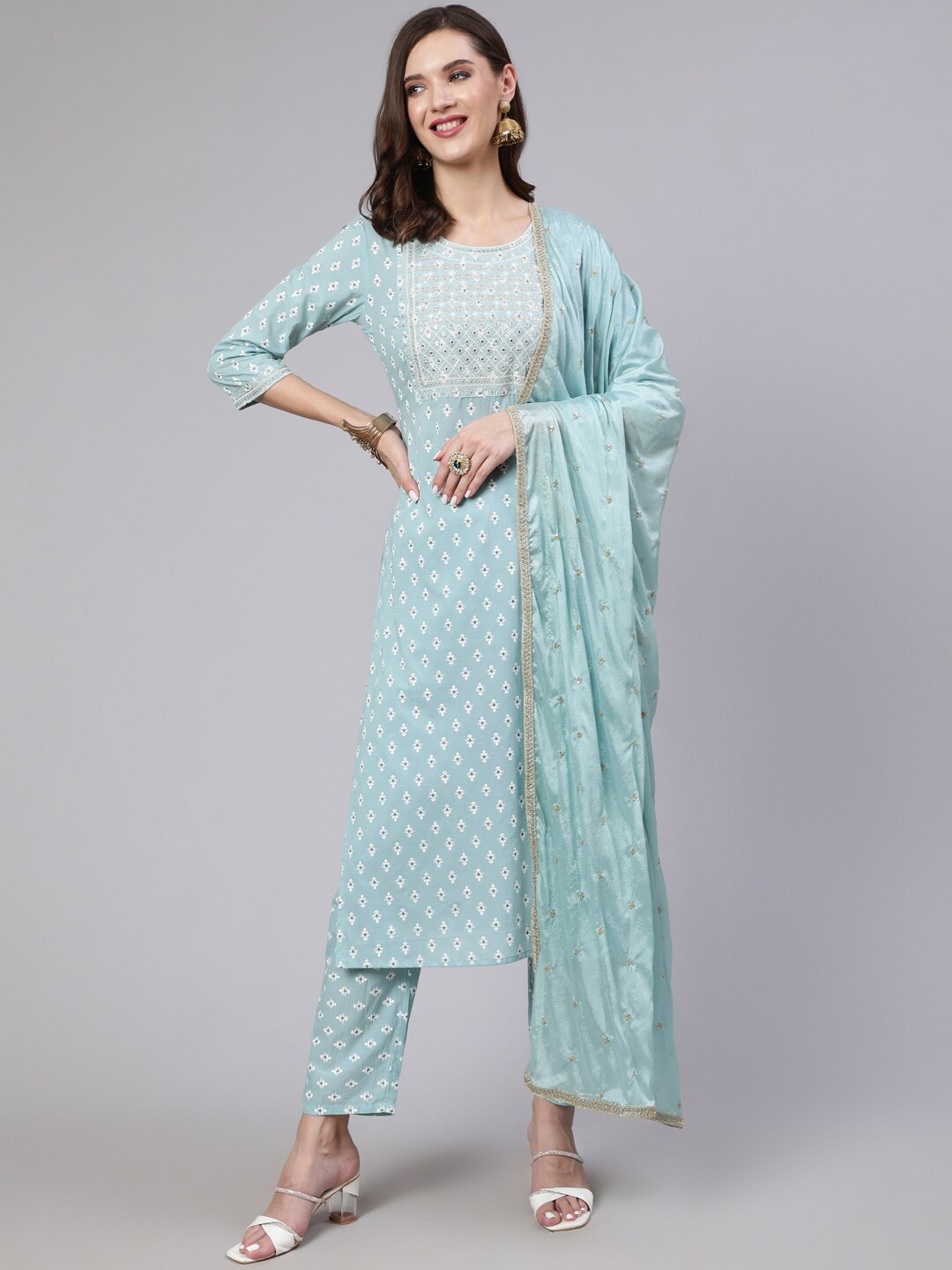 

Nayo Blue Round Neck Ethnic Motifs Yoke Design Kurta & Trouser With Dupatta