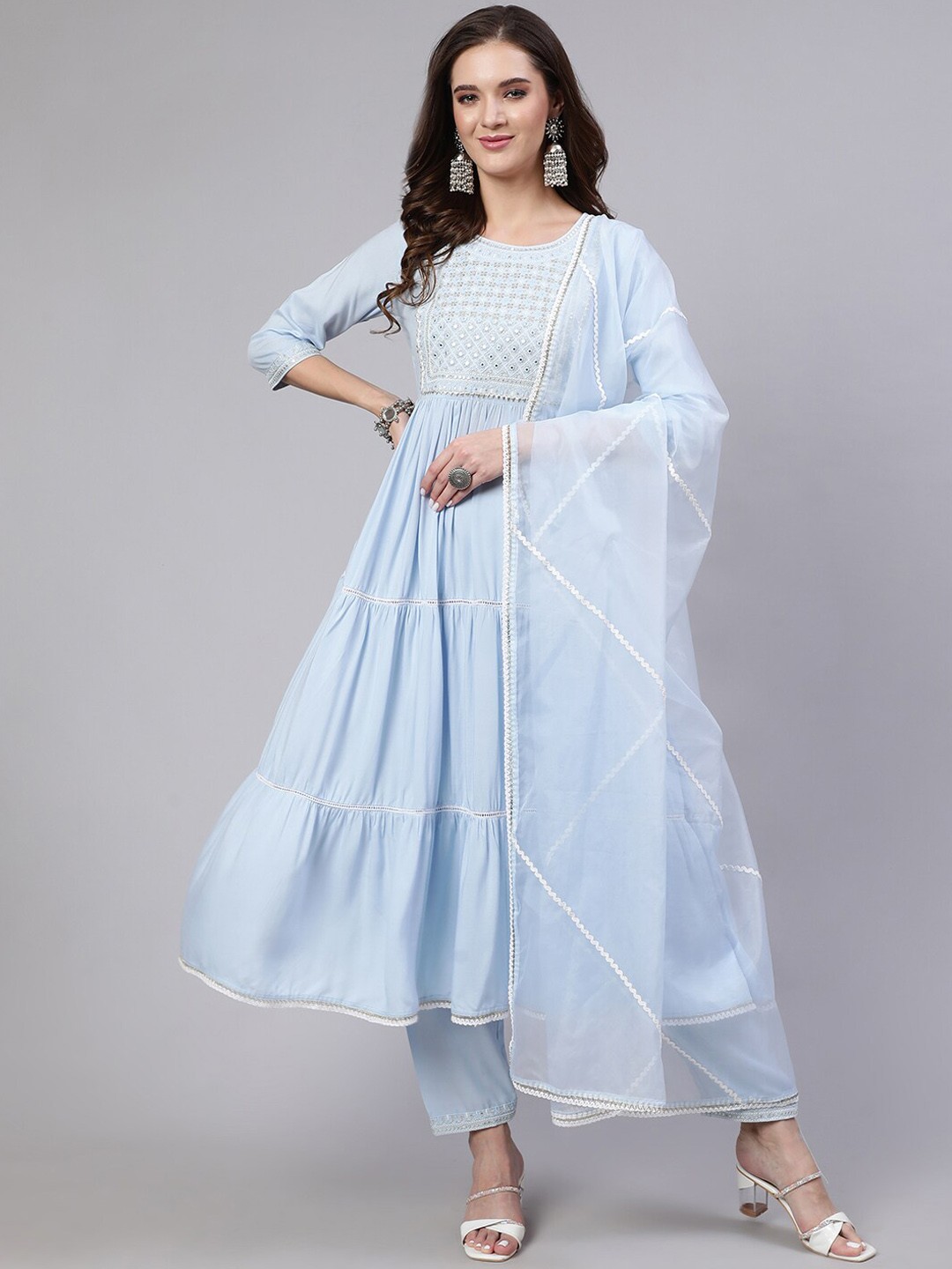 

Nayo Blue Round Neck Yoke Design Regular Gotta Patti Kurta & Trousers With Dupatta