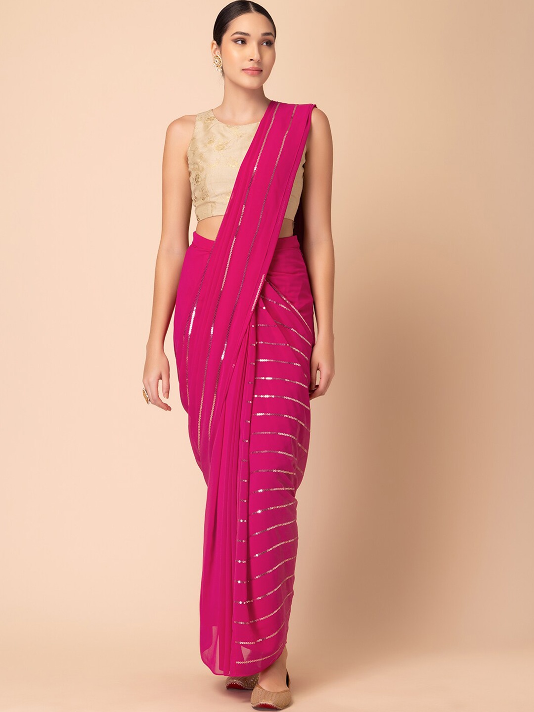 

INDYA Sequin Striped Ready to Wear Saree, Pink