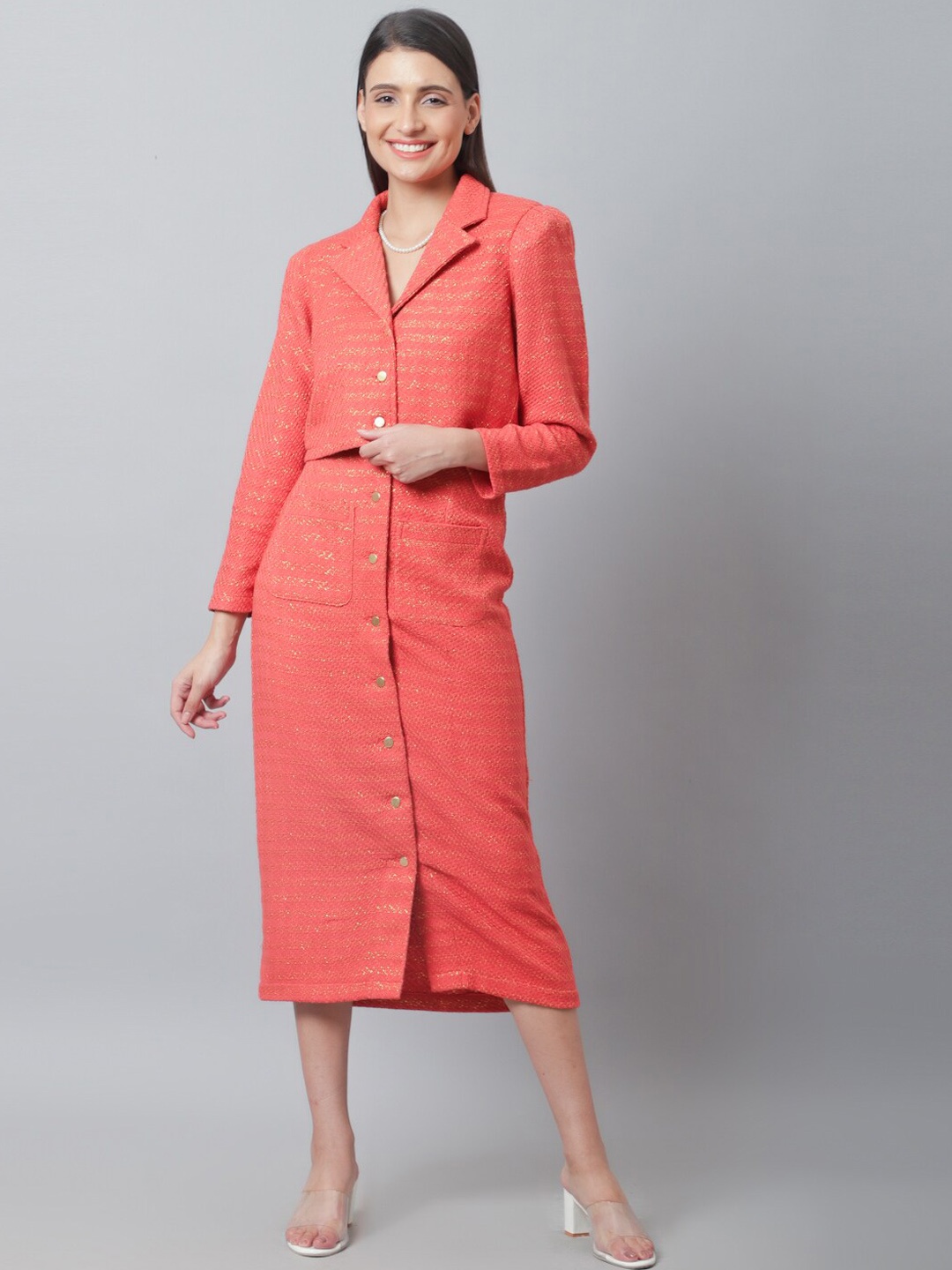 

BLANC9 Self Design Coat With Skirt Co-Ords, Orange