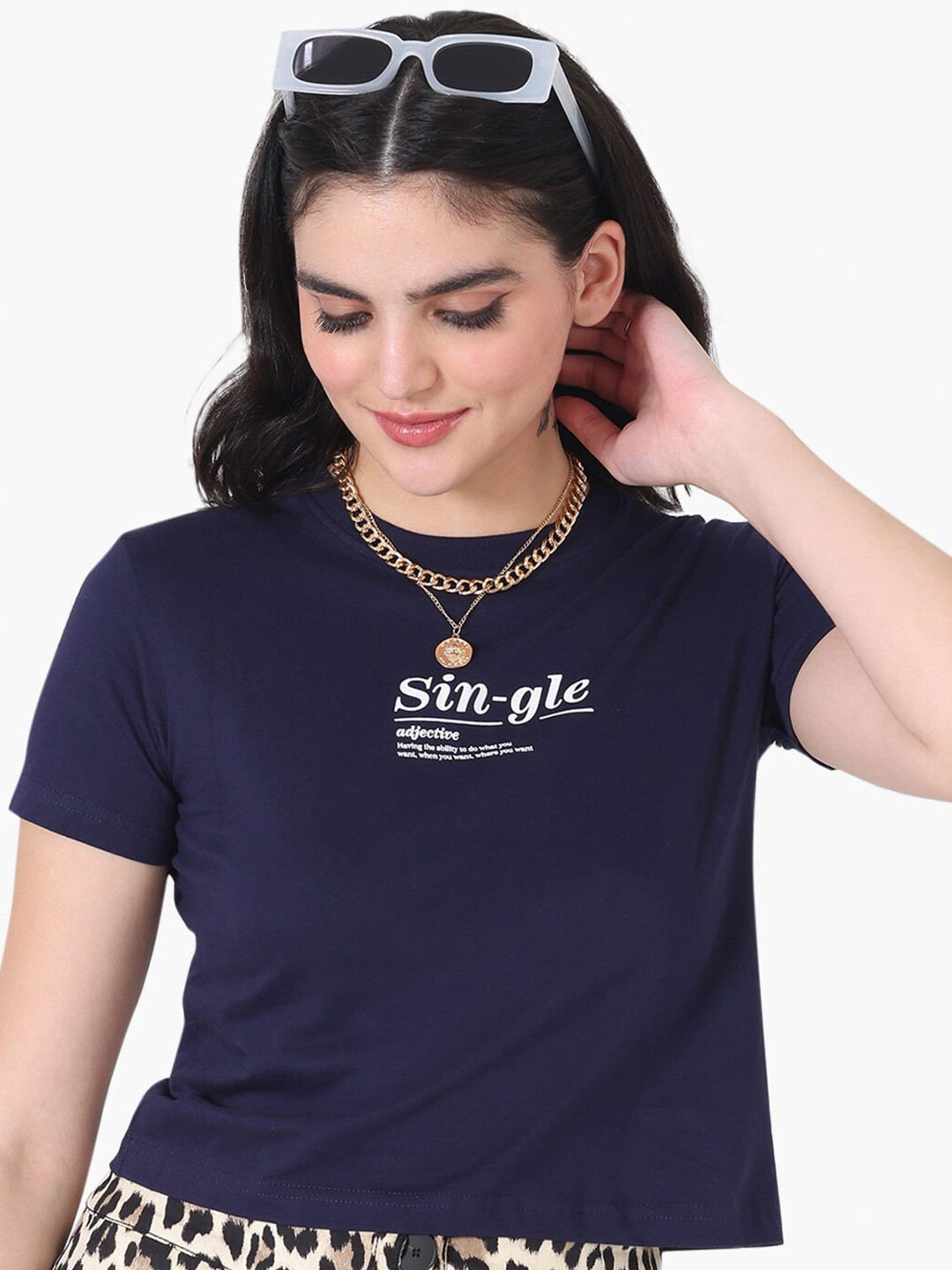 

Virgio Typography Printed Round Neck Short Sleeve Pure Cotton Crop T-shirt, Navy blue