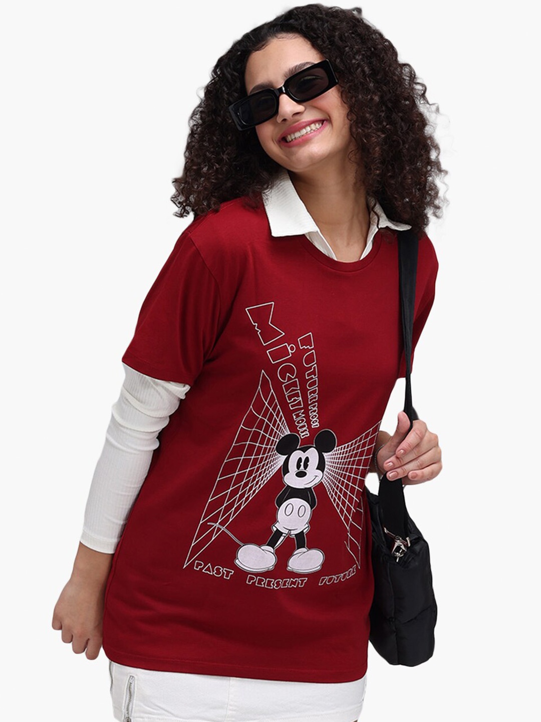 

Virgio Mickey Mouse Printed Round Neck Short Sleeve Pure Cotton T-shirt, Red
