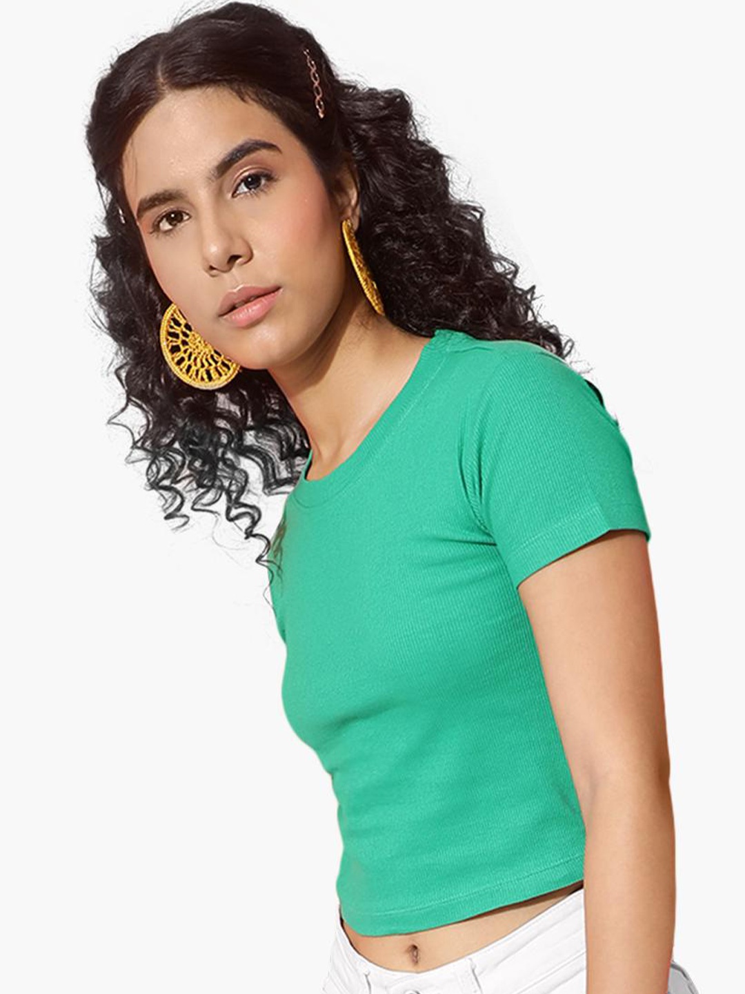 

Virgio Round Neck Short Sleeve Pure Cotton Crop T-shirt, Green