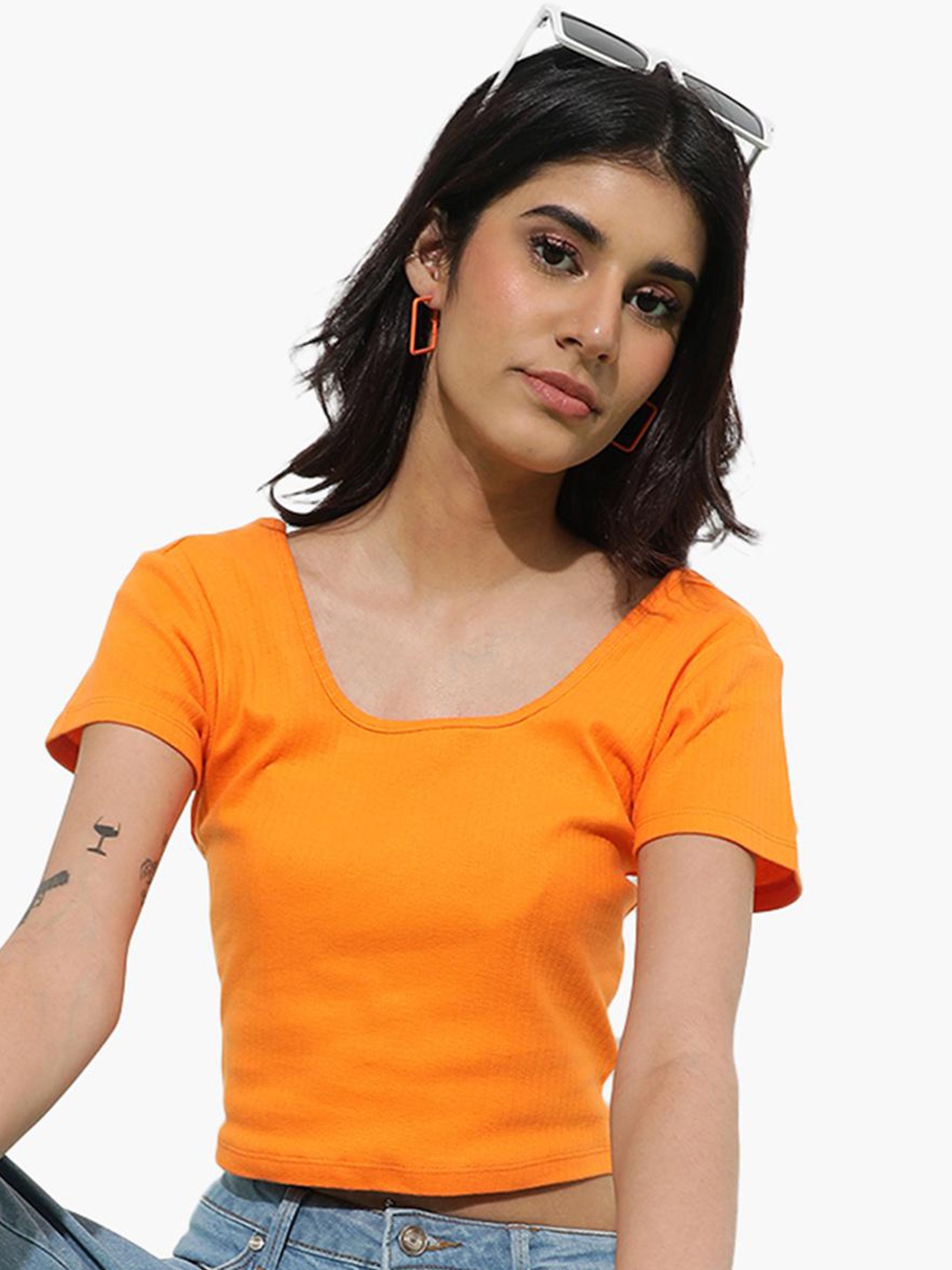 

Virgio Round Neck Slim Fit Pure Cotton Crop T-Shirt, Orange