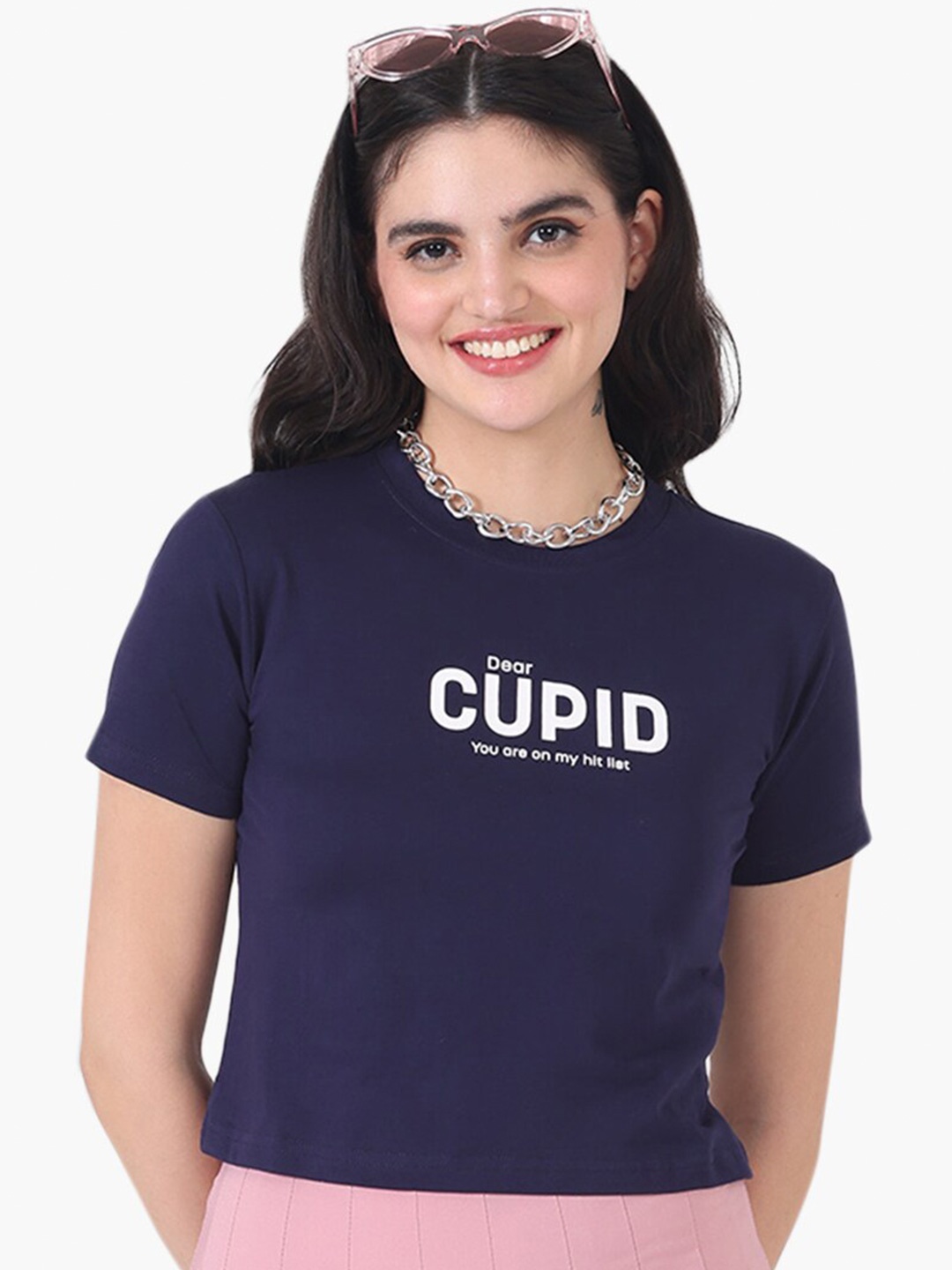 

Virgio Typography Printed Cotton Crop T-Shirt, Navy blue
