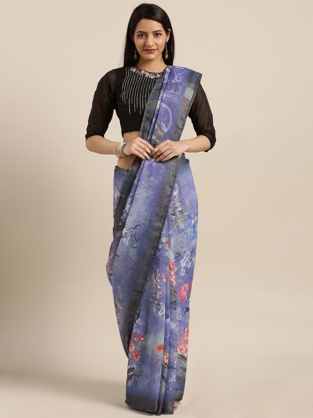 

KALINI Floral Printed Zari Pure Linen Saree, Blue