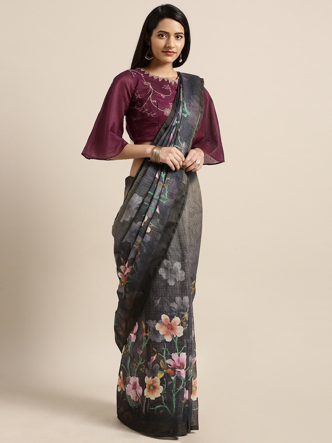

KALINI Floral Printed Pure Linen Saree, Grey
