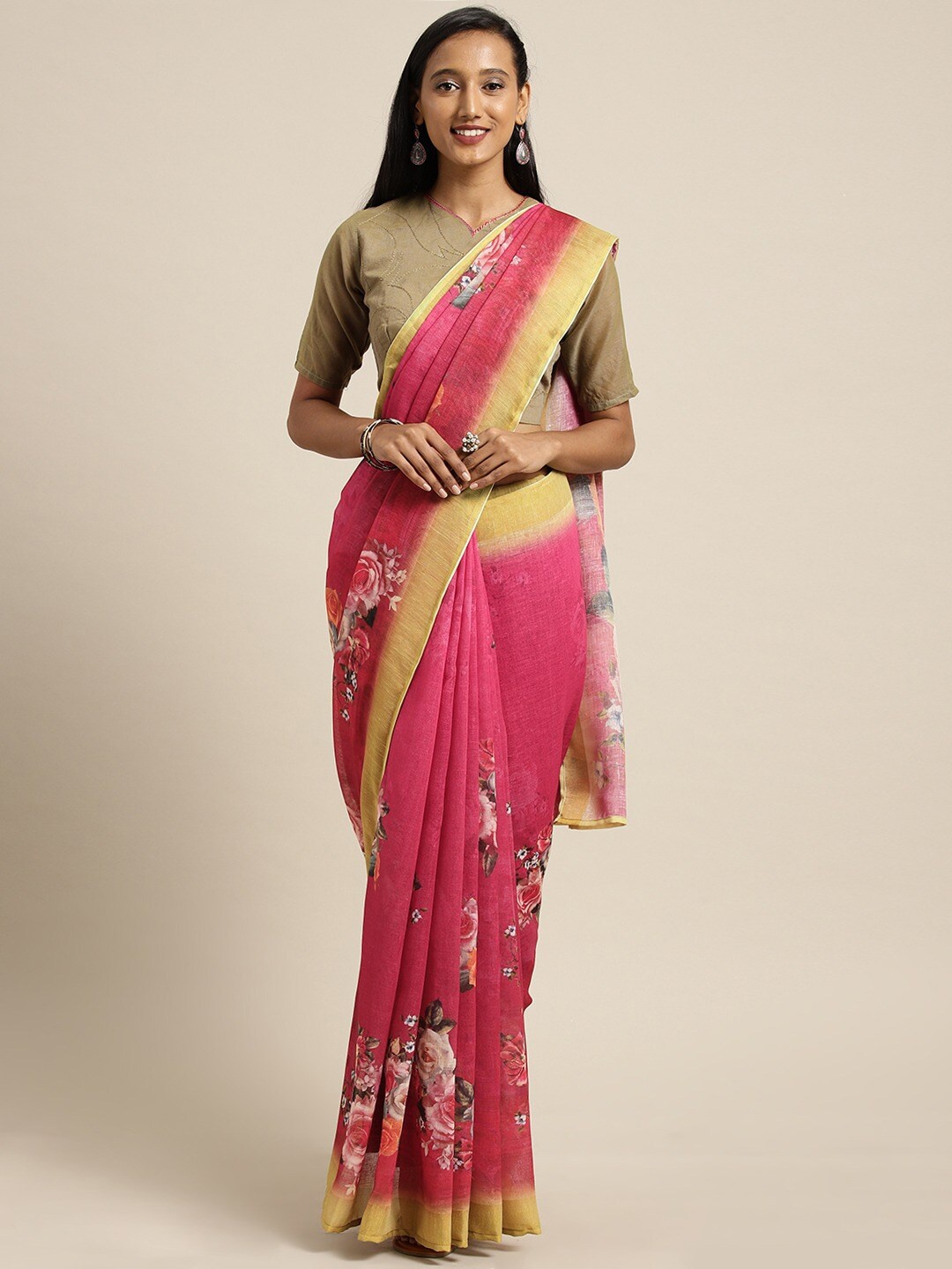 

KALINI Floral Printed Pure Linen Saree, Pink