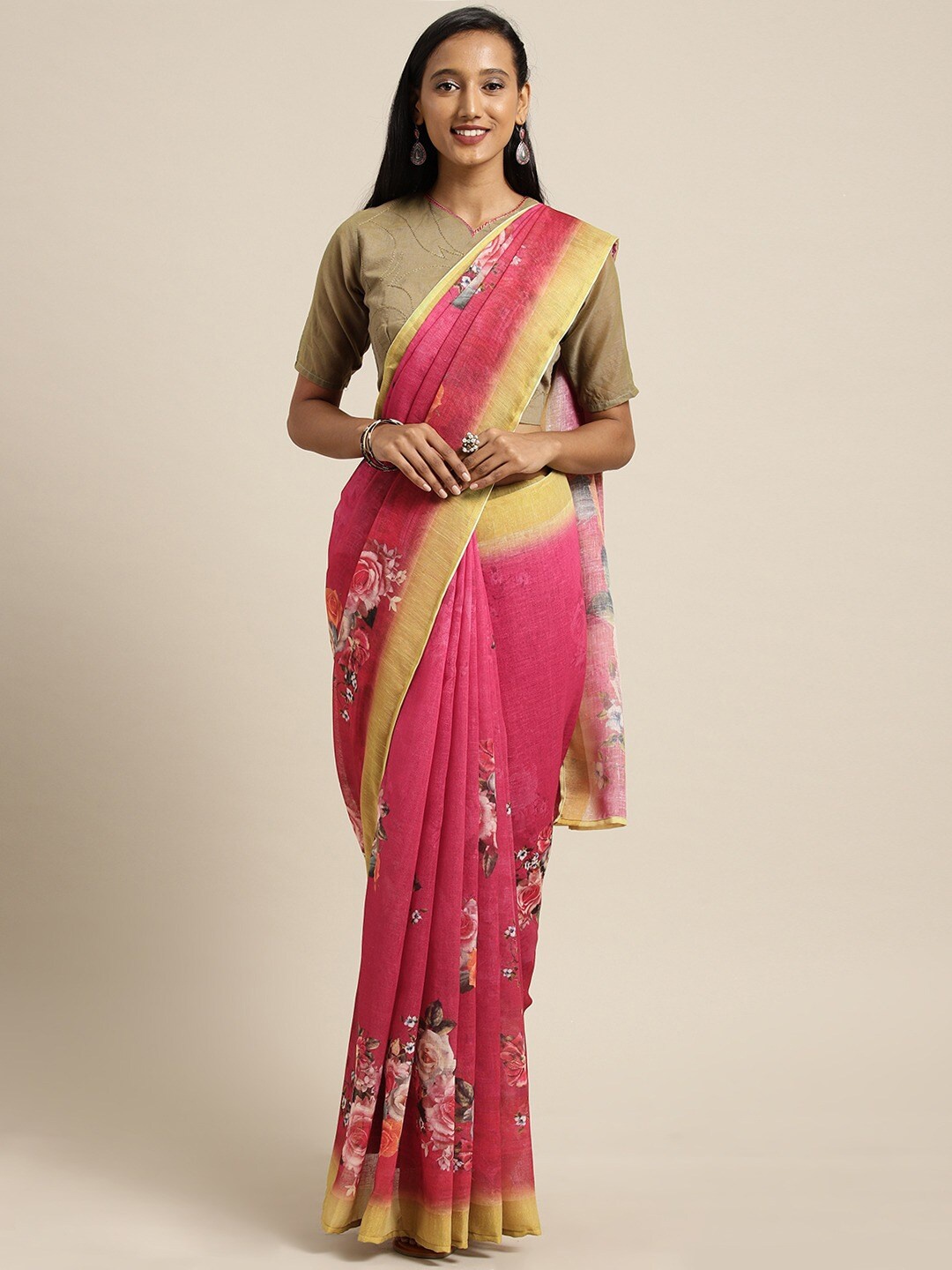

Shaily Floral Printed Zari Pure Linen Saree, Pink