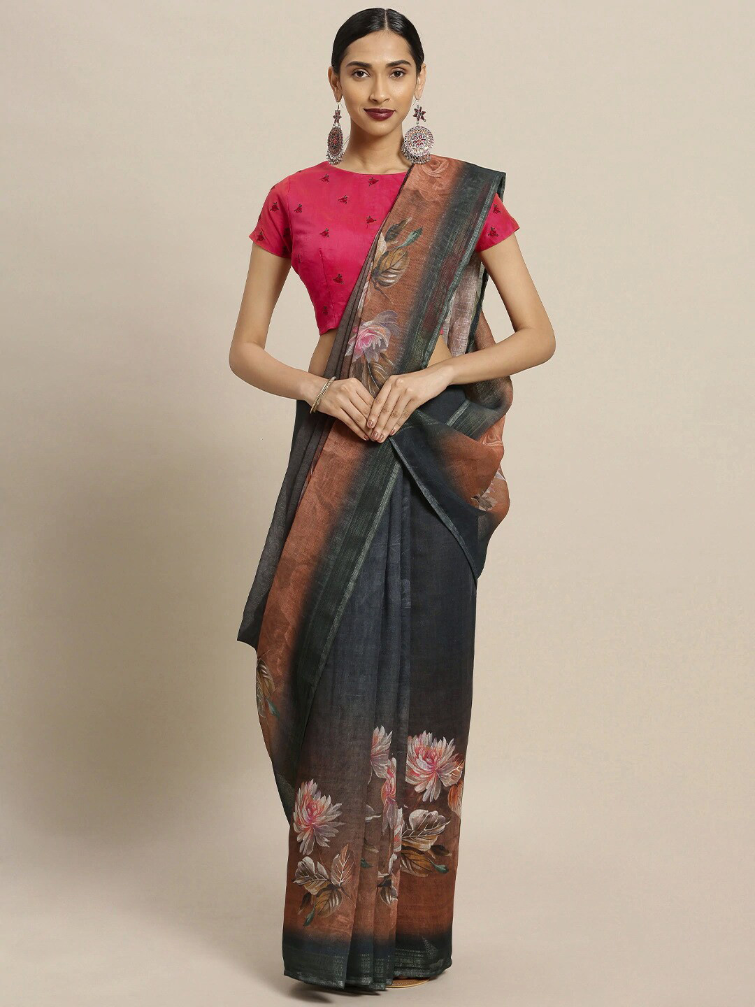 

Shaily Blue & Pink Floral Printed Pure Linen Saree