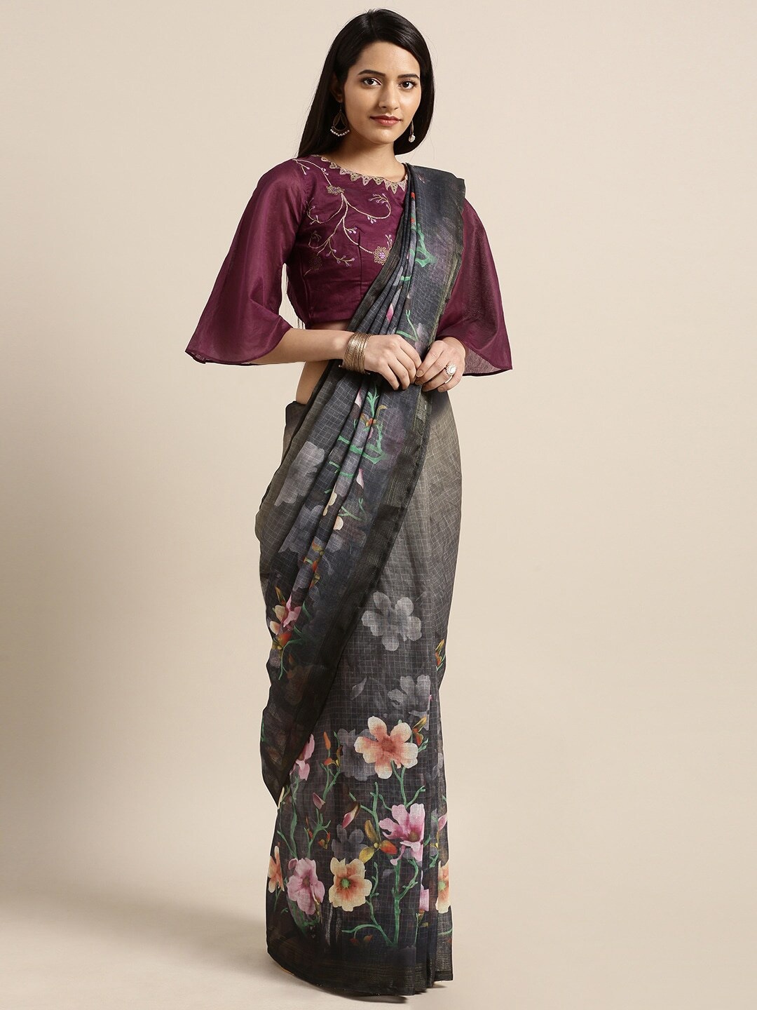 

Shaily Grey And Orange Floral Printed Pure Linen Saree