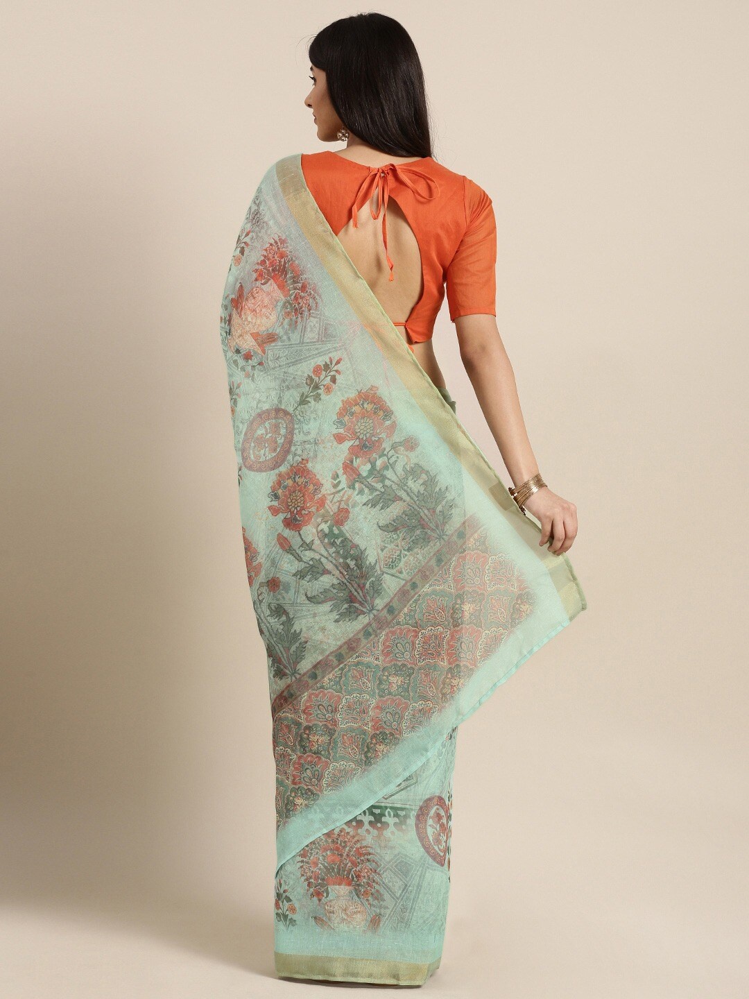 

Shaily Floral Printed Zari Pure Linen Saree, Sea green