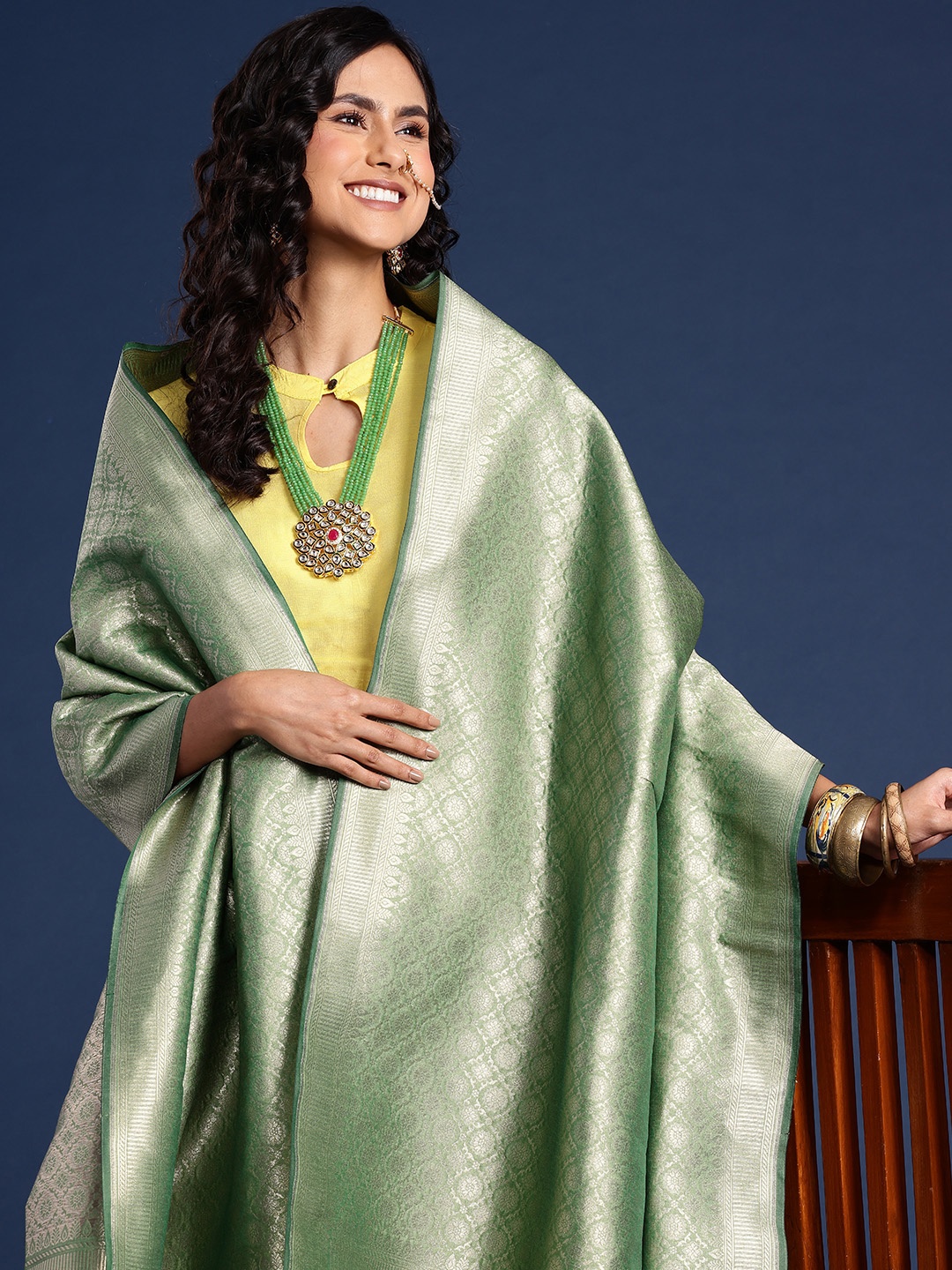 

Taavi Woven Legacy Ethnic Motifs Zari Work Dupatta, Green