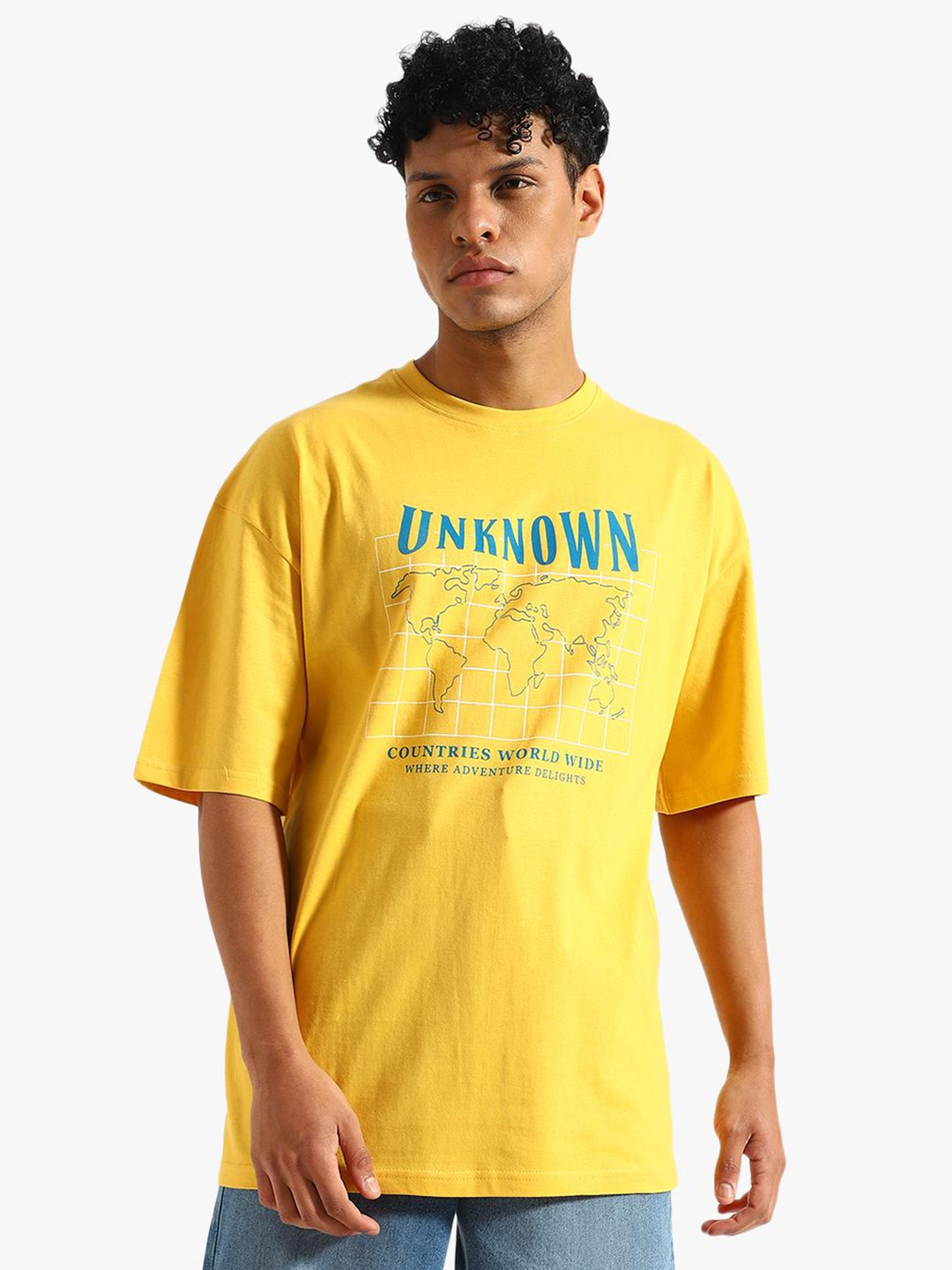 

Virgio Typography Printed Drop-Shoulder Sleeves Pure Cotton Longline Oversized T-shirt, Yellow
