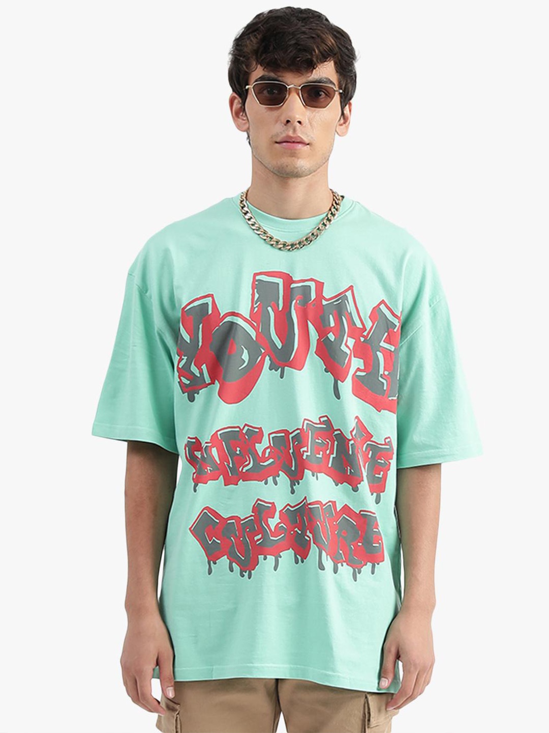 

Virgio Typographic Printed Pure Cotton Loose T-shirt, Green