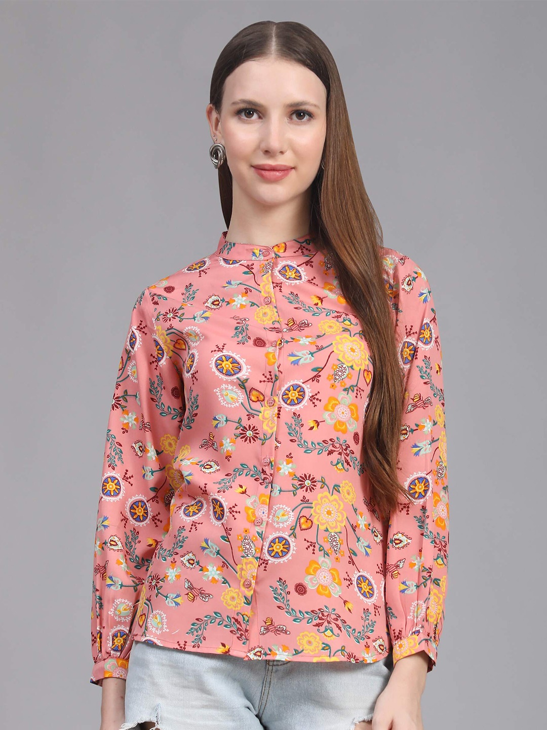 

Fab Star Floral Printed Mandarin Collar Puff Sleeves Shirt Style Top, Pink