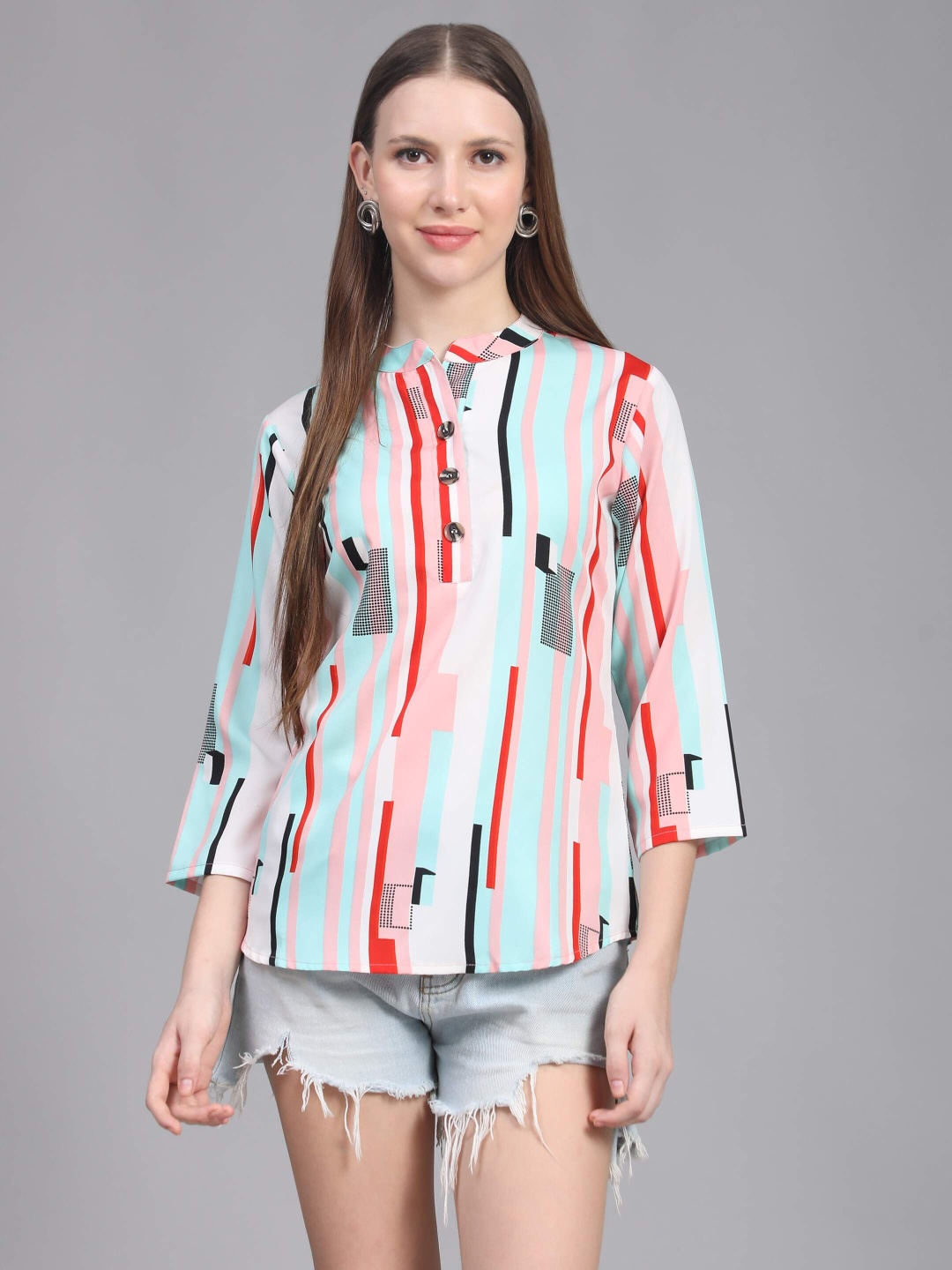 

Fab Star Striped Mandarin Collar Top, Blue