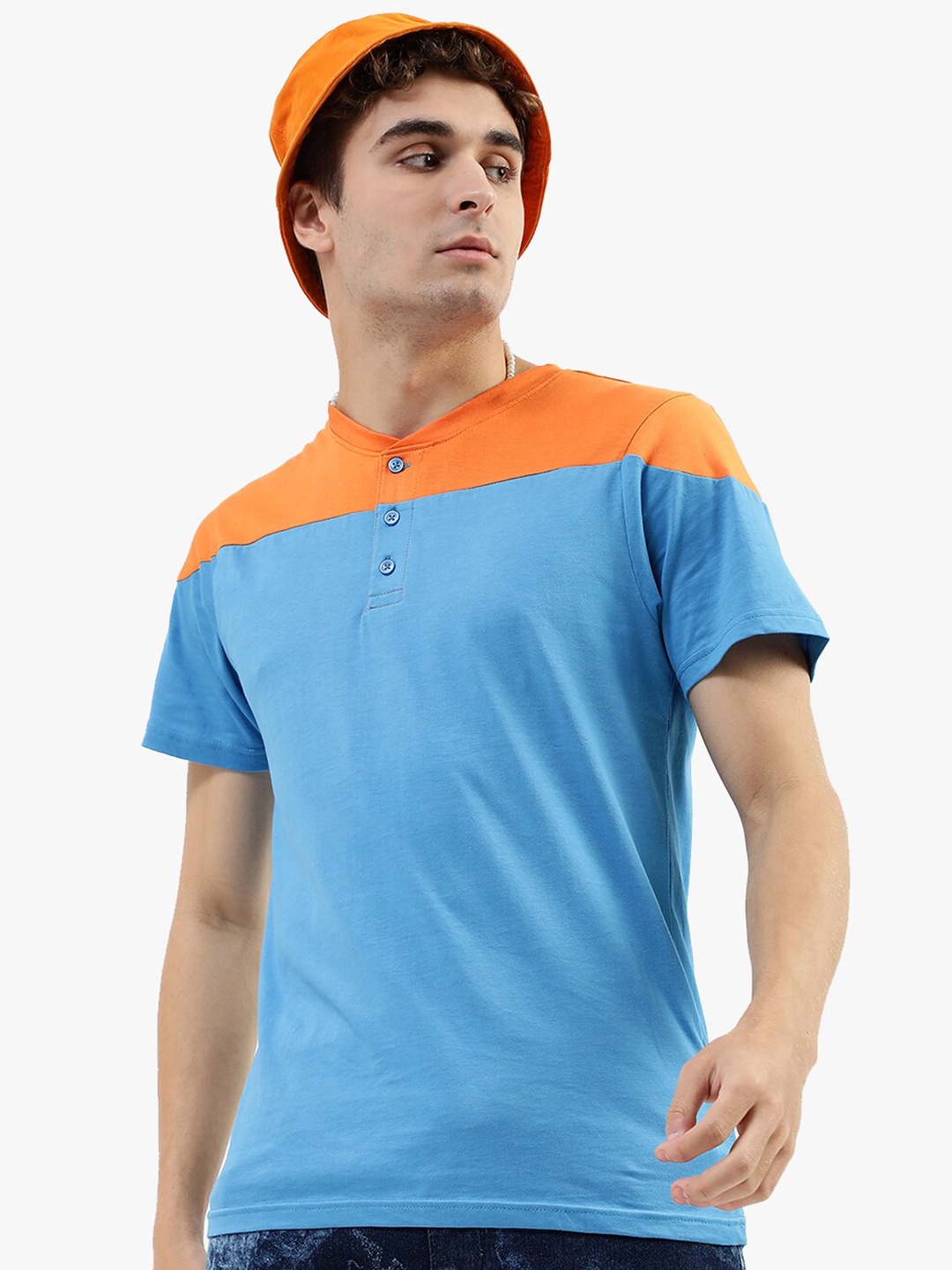 

Virgio Colorblocked Henley Neck Pure Cotton T-Shirt, Blue