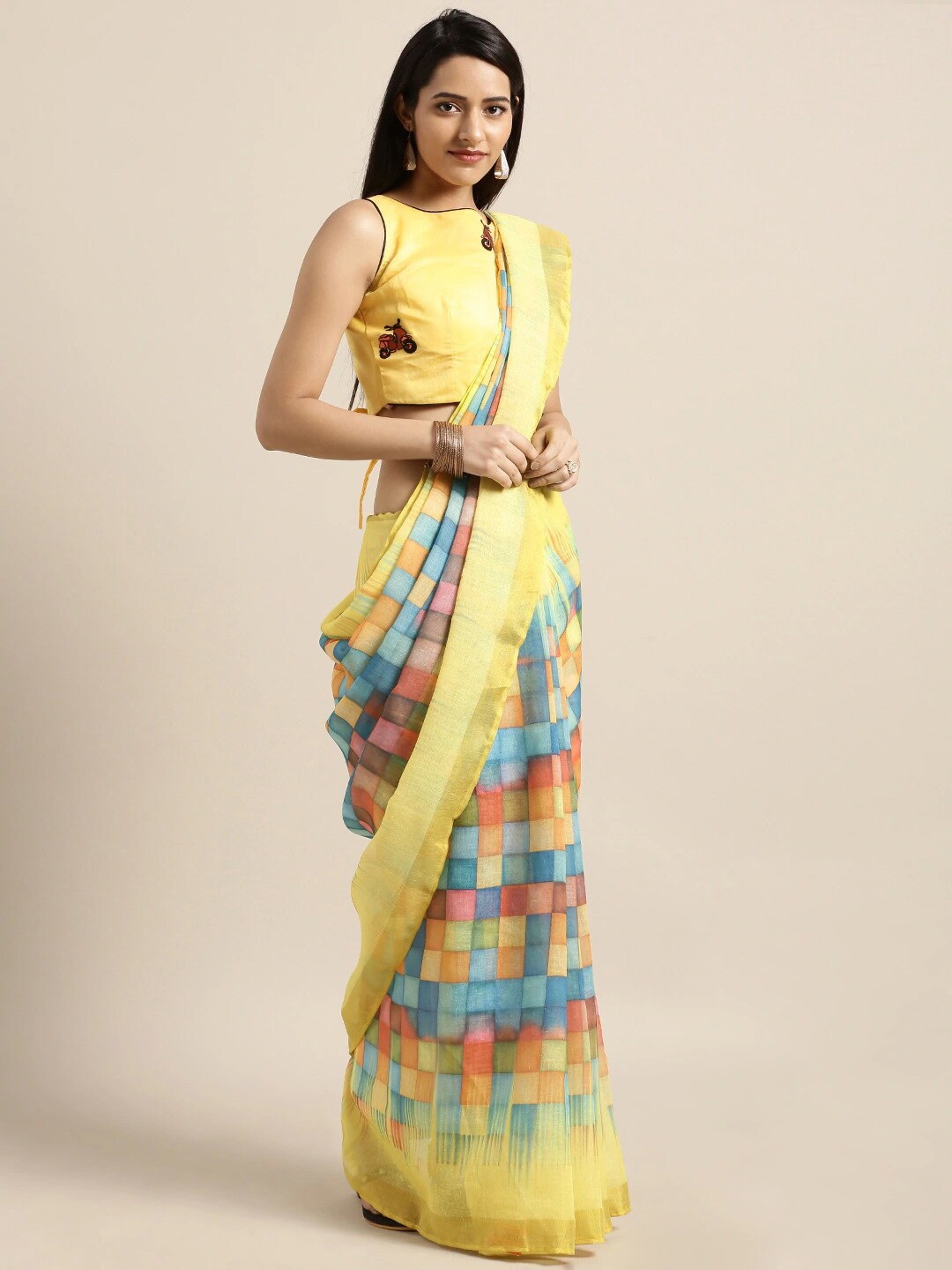 

KALINI Geometric Printed Pure Linen Saree, Yellow