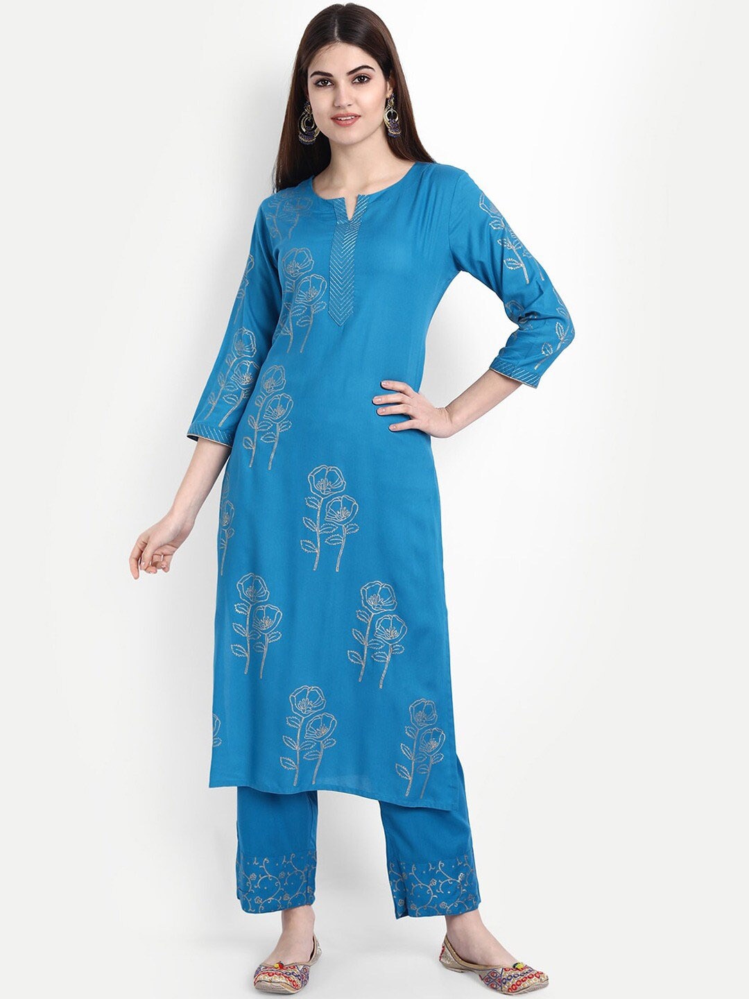 

SUTI Floral Printed Kurta With Trousers, Turquoise blue