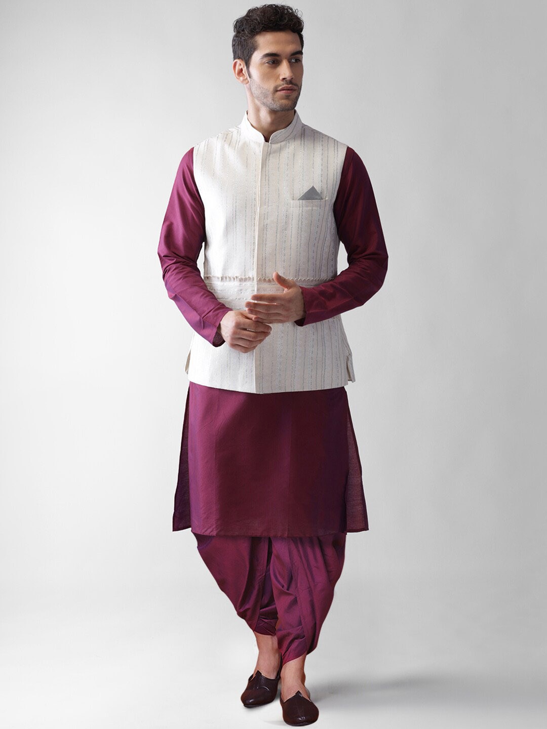 

KISAH Mandarin Collar Regular Kurta & Dhoti Pants With Nehru Jacket, Burgundy