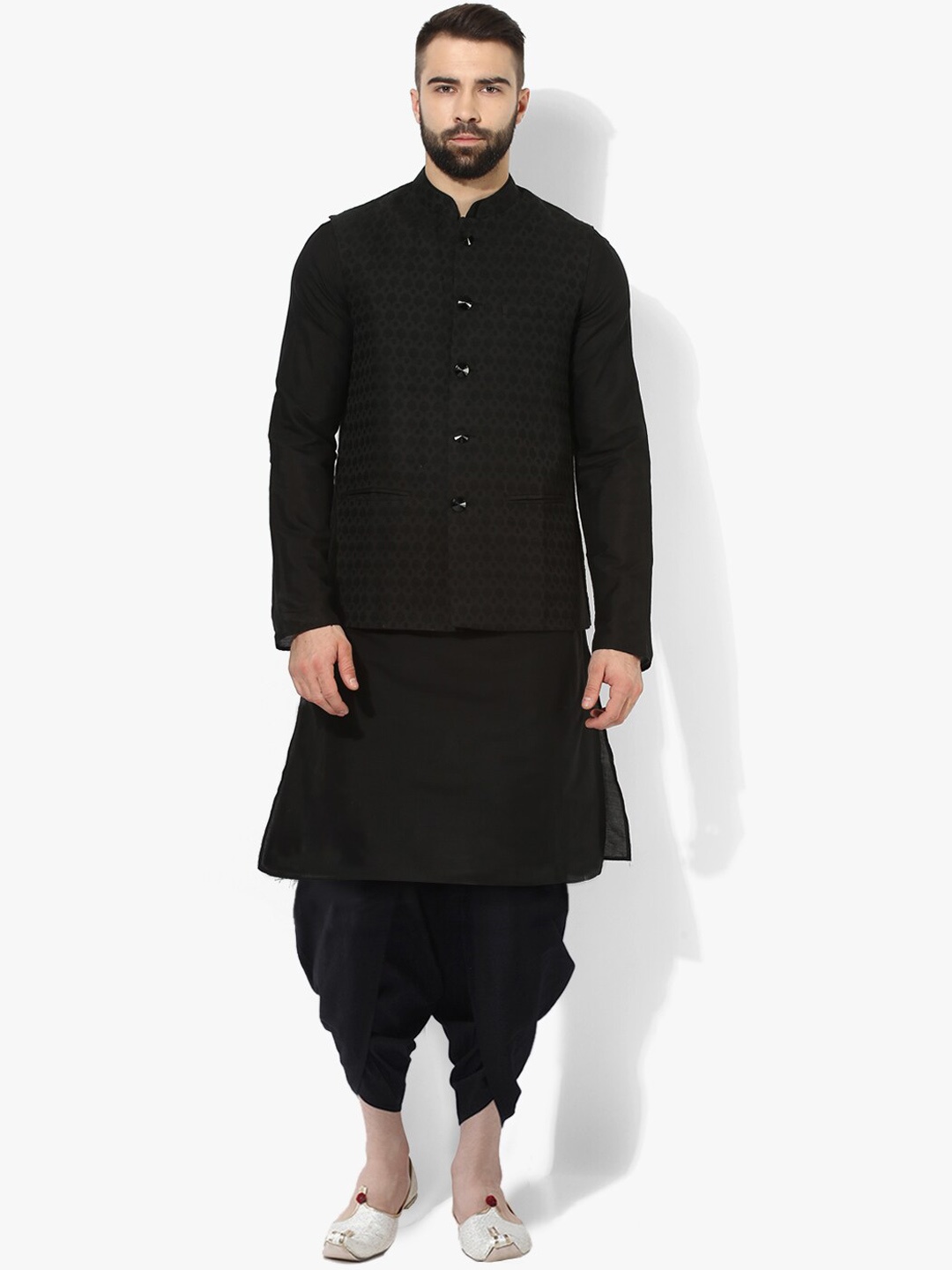 

KISAH Mandarin Collar Regular Thread Work Kurta & Dhoti Pants With Nehru jacket, Black