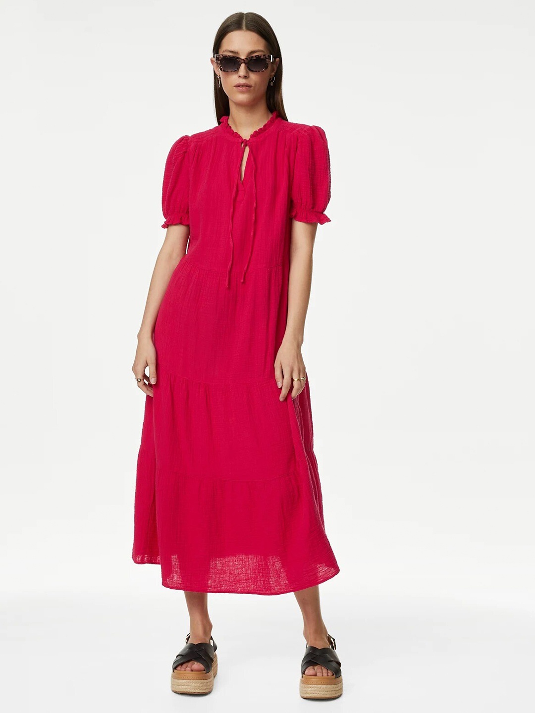 

Marks & Spencer Tie-Up Neck Tiered A-Line Midi Dress, Pink