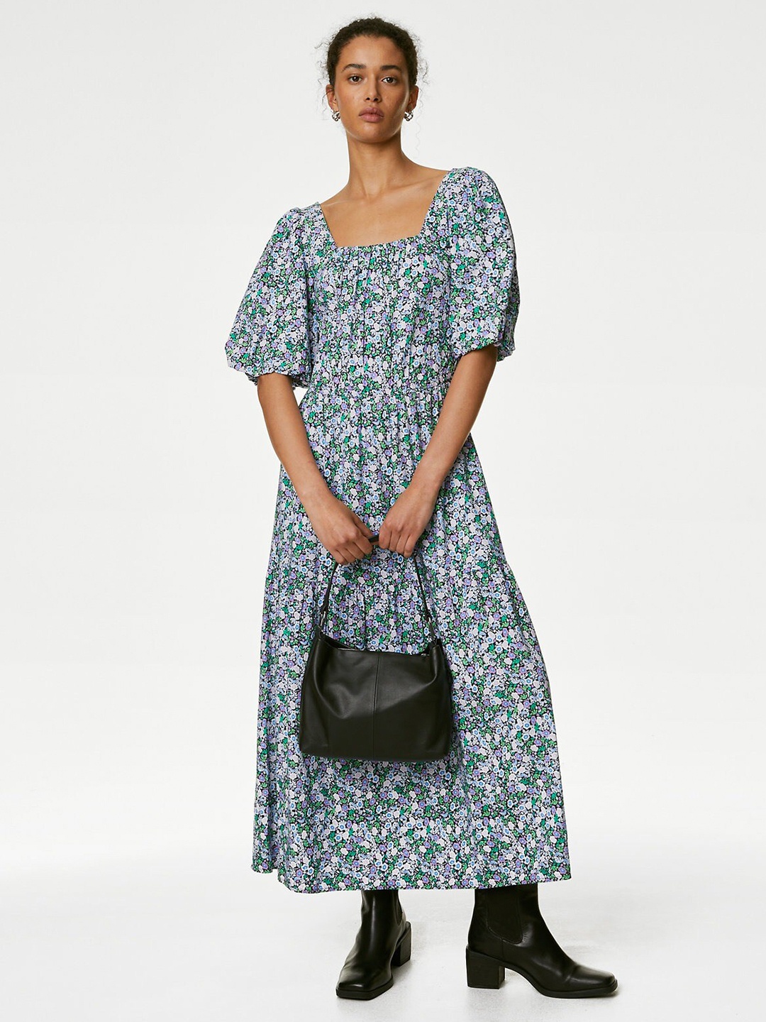 

Marks & Spencer Floral Printed Puff Sleeves Smocked Detailed Maxi Dress, White