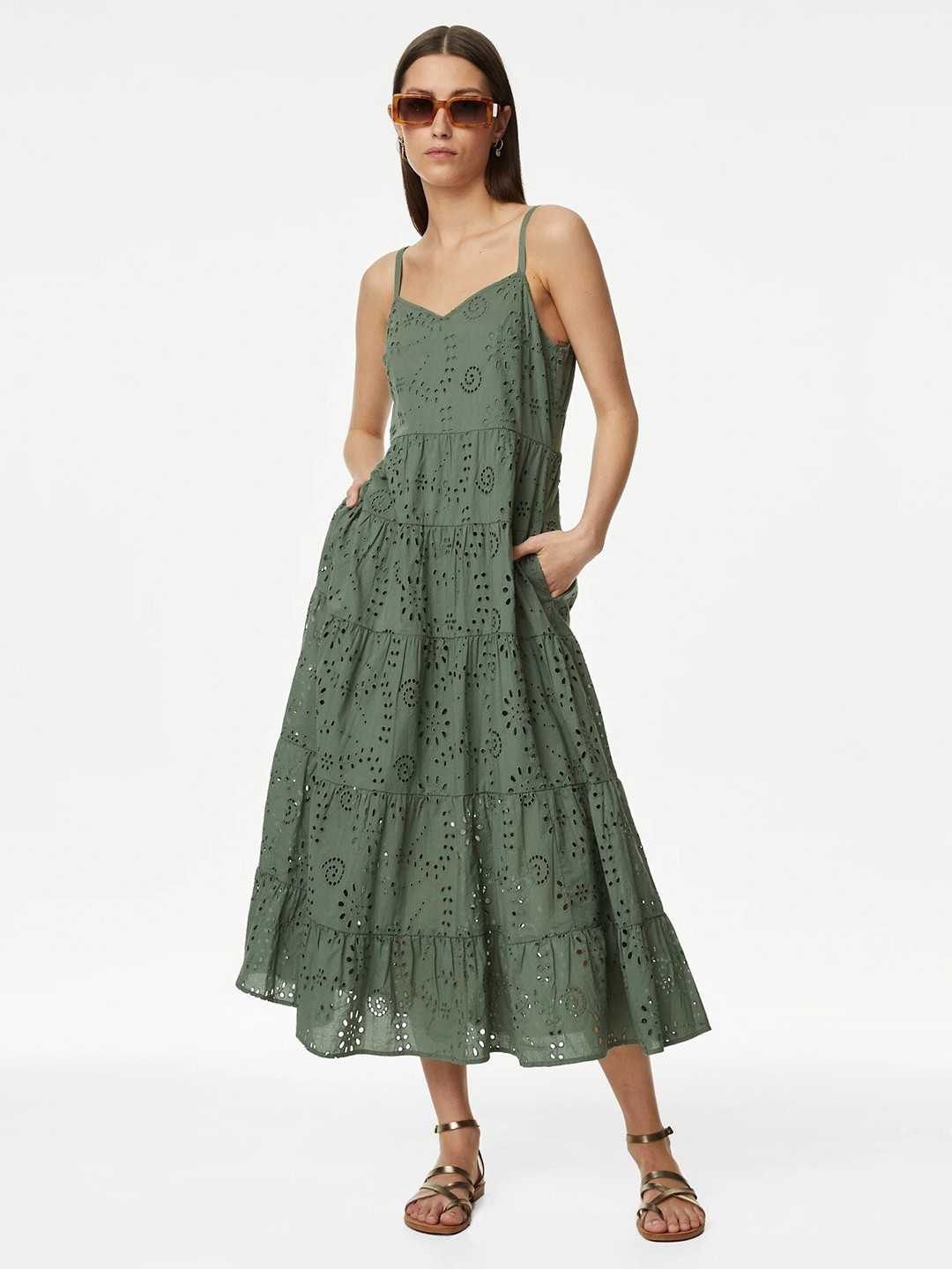 

Marks & Spencer Self Designed Shoulder Straps Pure Cotton A-Line Midi Dress, Green