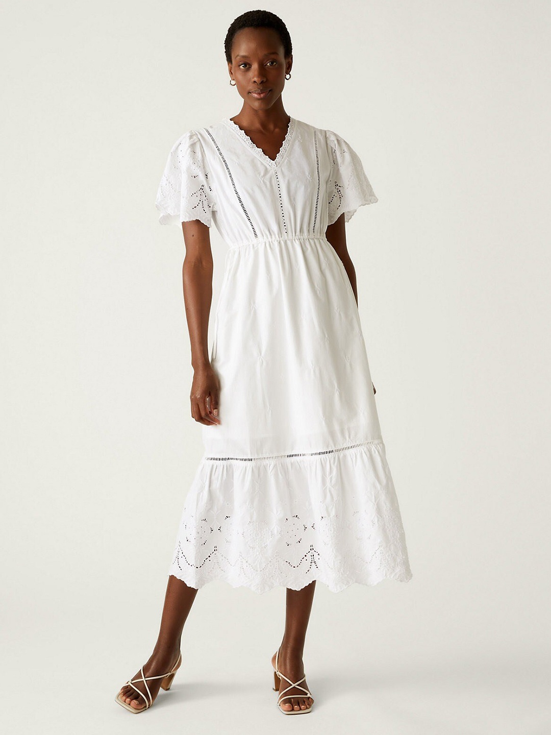 

Marks & Spencer Self Designed Flared Sleeves Pure Cotton A-Line Midi Dress, White